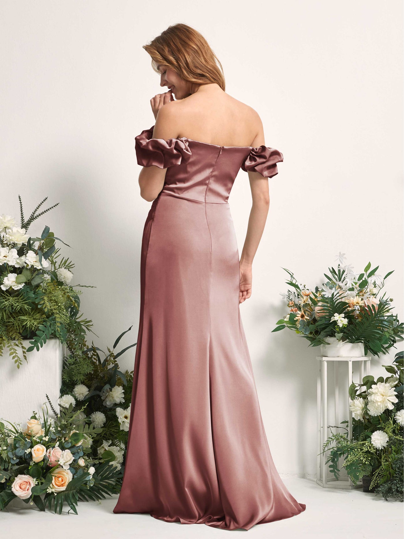 Desert Rose Bridesmaid Dresses Bridesmaid Dress A-line Satin Off Shoulder Full Length Short Sleeves Wedding Party Dress (80226417)#color_desert-rose