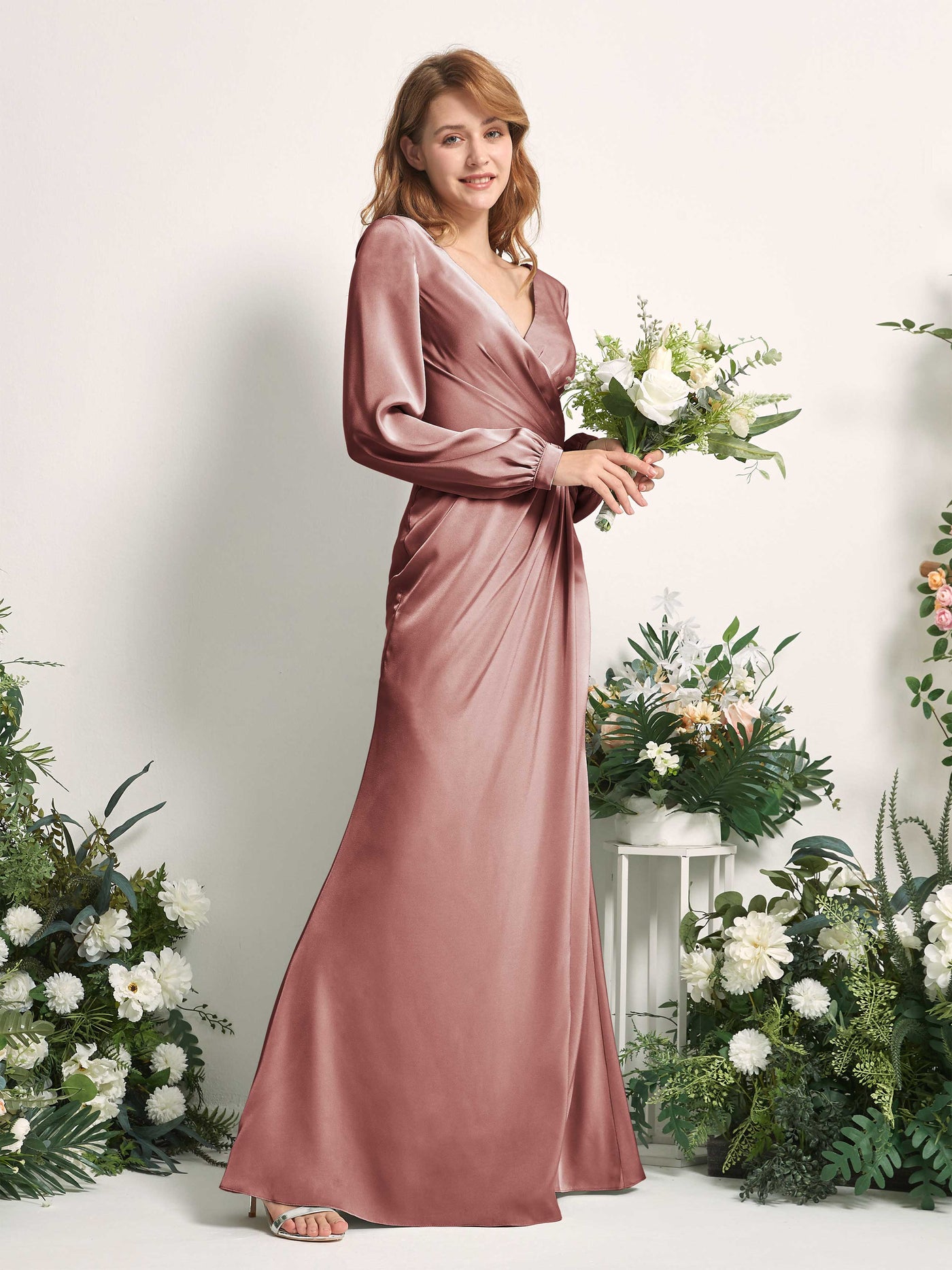 Desert Rose Bridesmaid Dresses Bridesmaid Dress Ball Gown Satin V-neck Full Length Long Sleeves Wedding Party Dress (80225117)#color_desert-rose