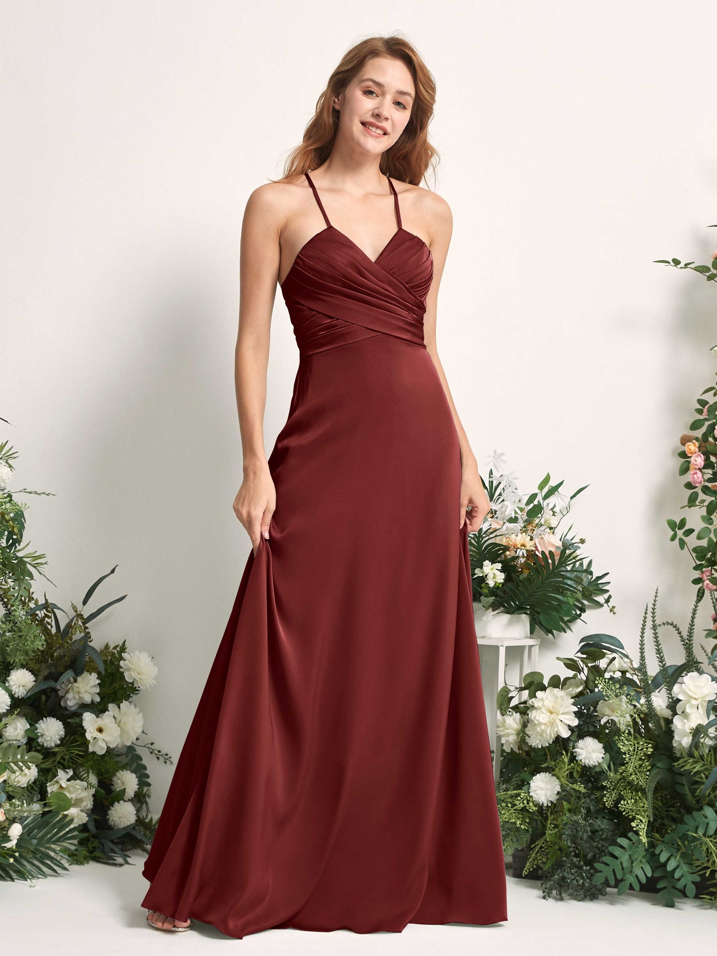 Burgundy Bridesmaid Dresses Bridesmaid Dress A-line Satin Spaghetti-straps Full Length Sleeveless Wedding Party Dress (80225768)#color_burgundy