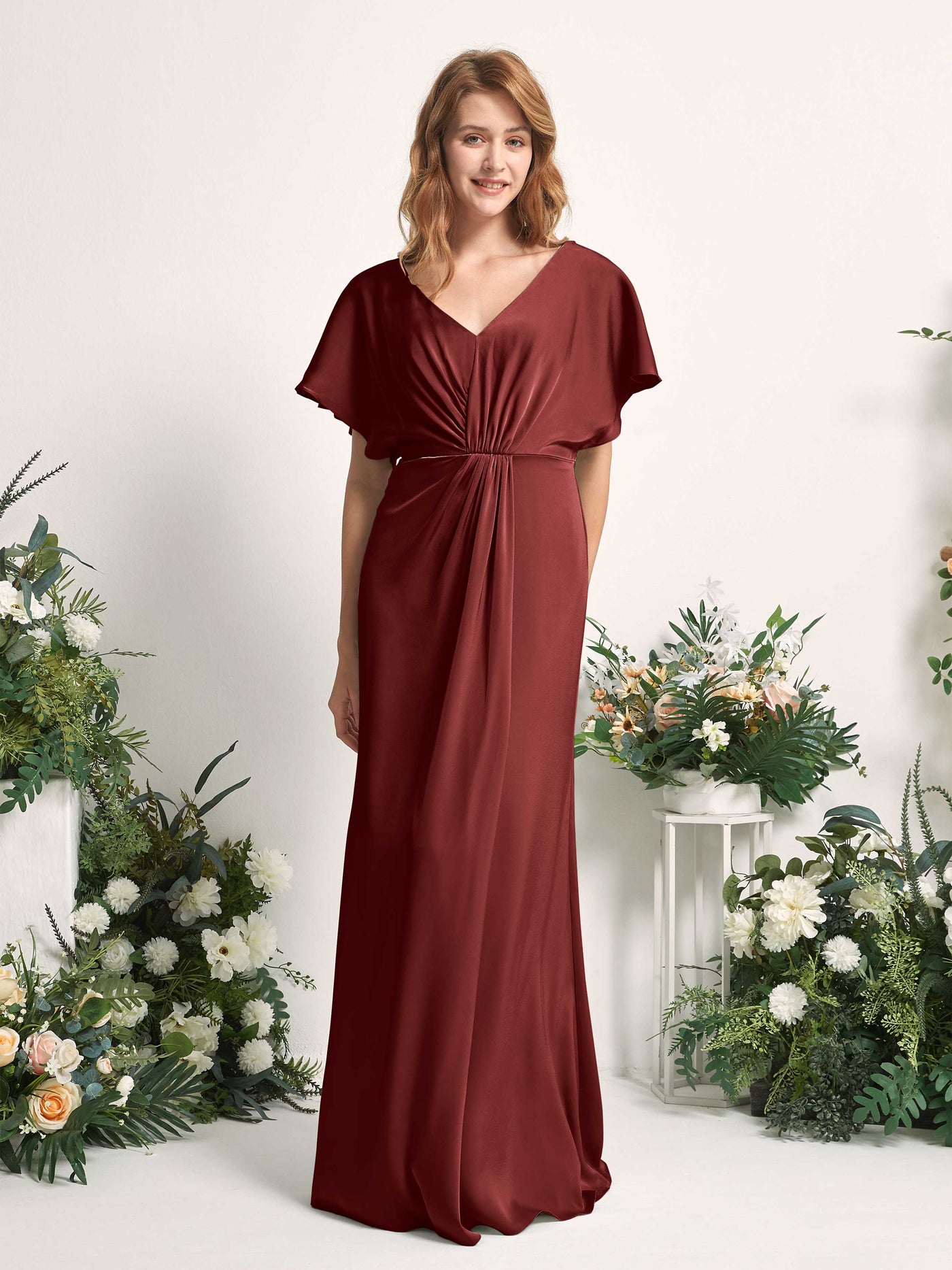 Burgundy Bridesmaid Dresses Bridesmaid Dress A-line Satin V-neck Full Length Short Sleeves Wedding Party Dress (80225568)#color_burgundy