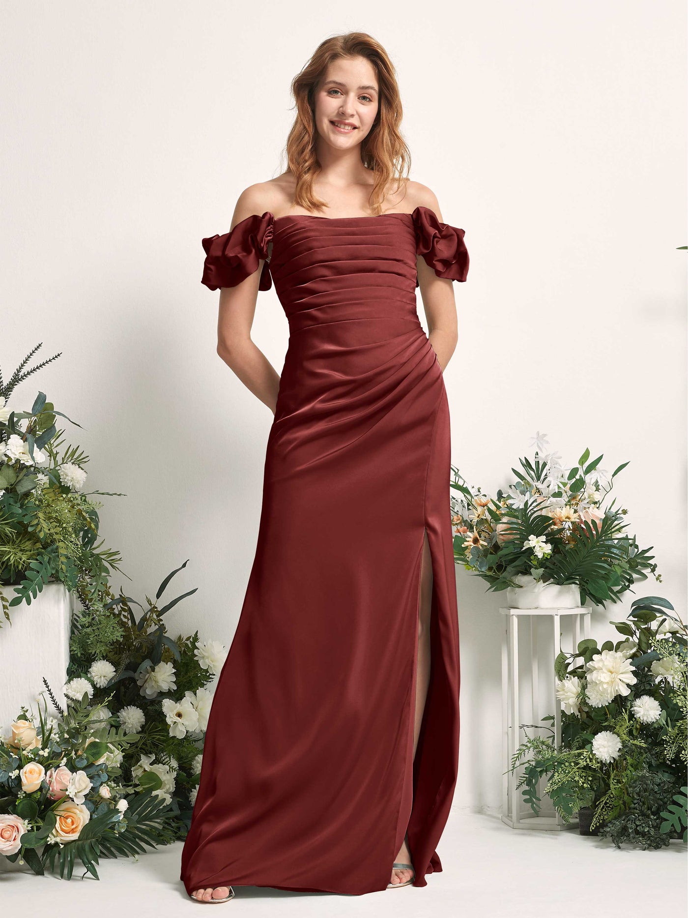Burgundy Bridesmaid Dresses Bridesmaid Dress A-line Satin Off Shoulder Full Length Short Sleeves Wedding Party Dress (80226468)#color_burgundy