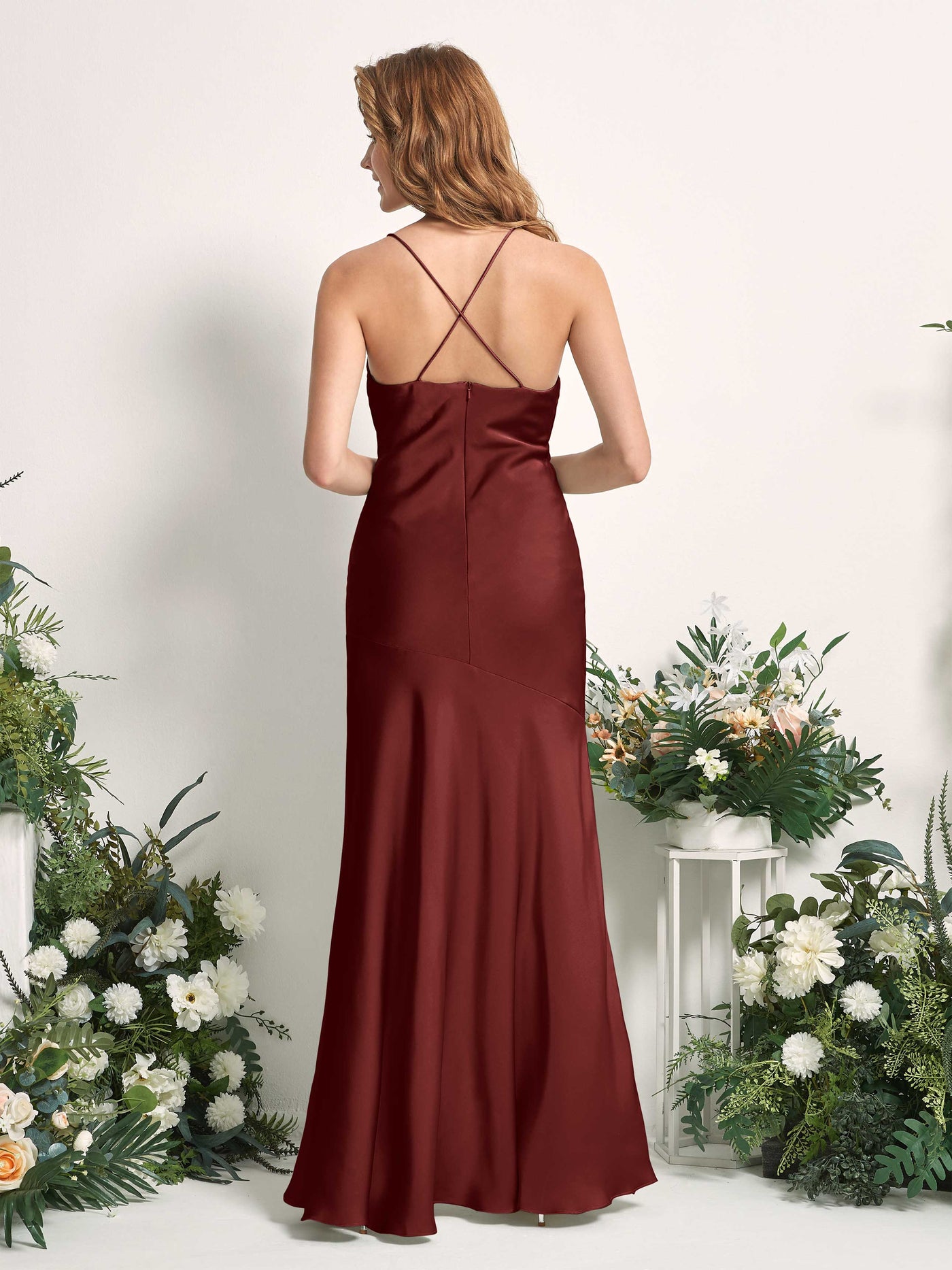 Burgundy Bridesmaid Dresses Bridesmaid Dress Mermaid/Trumpet Satin Spaghetti-straps High Low Sleeveless Wedding Party Dress (80226168)#color_burgundy