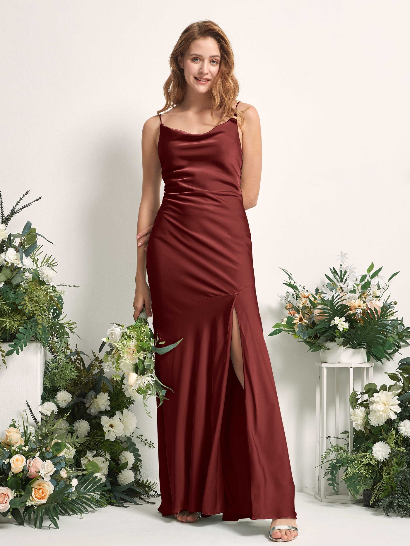 Burgundy Bridesmaid Dresses Bridesmaid Dress Mermaid/Trumpet Satin Spaghetti-straps Full Length Sleeveless Wedding Party Dress (80225668)#color_burgundy