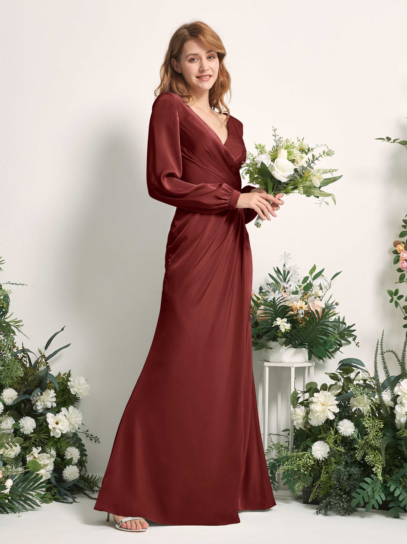 Burgundy Bridesmaid Dresses Bridesmaid Dress Ball Gown Satin V-neck Full Length Long Sleeves Wedding Party Dress (80225168)#color_burgundy