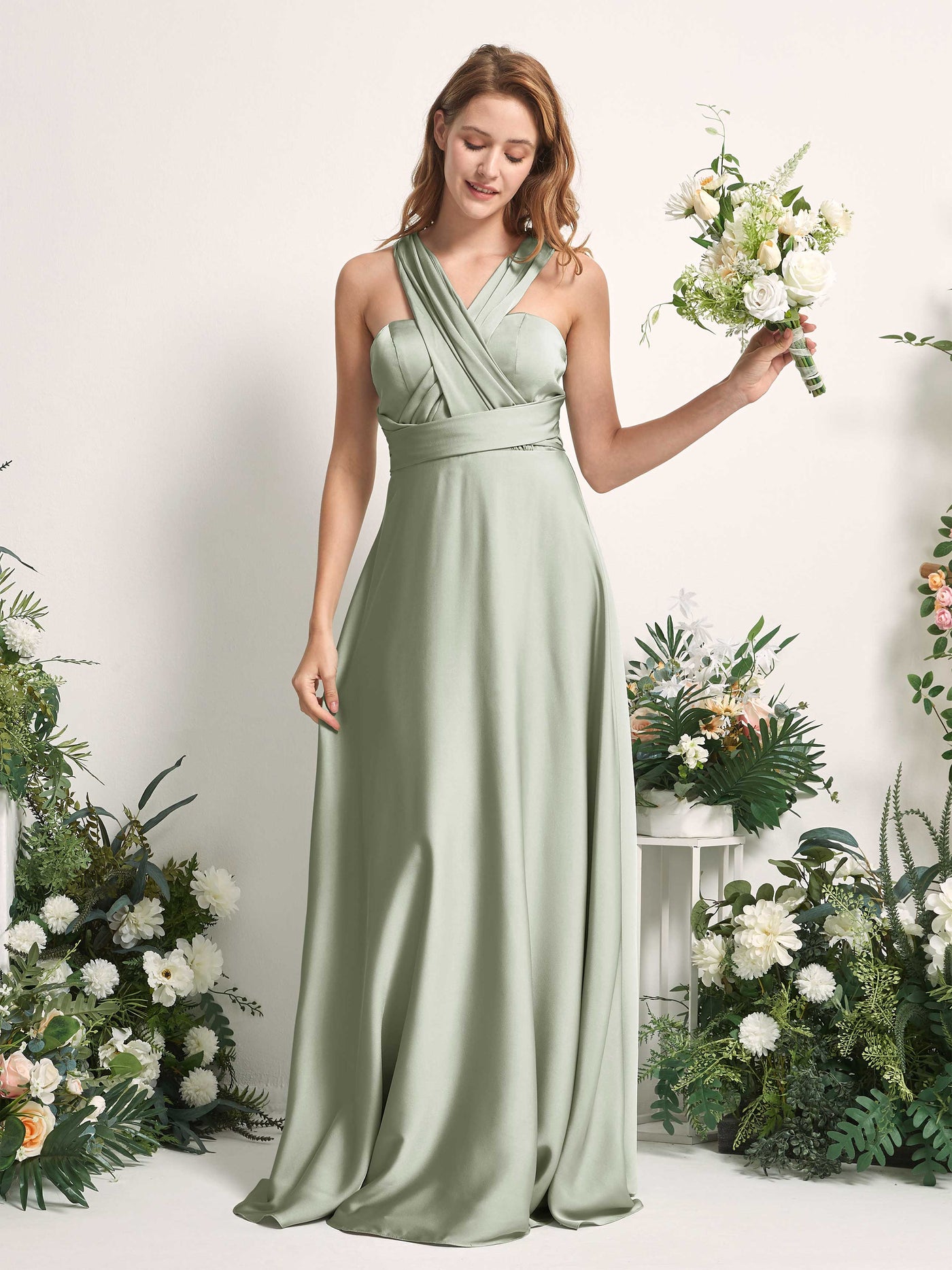Sage Green Bridesmaid Dresses Bridesmaid Dress A-line Satin Halter Full Length Short Sleeves Wedding Party Dress (81226412)#color_sage-green