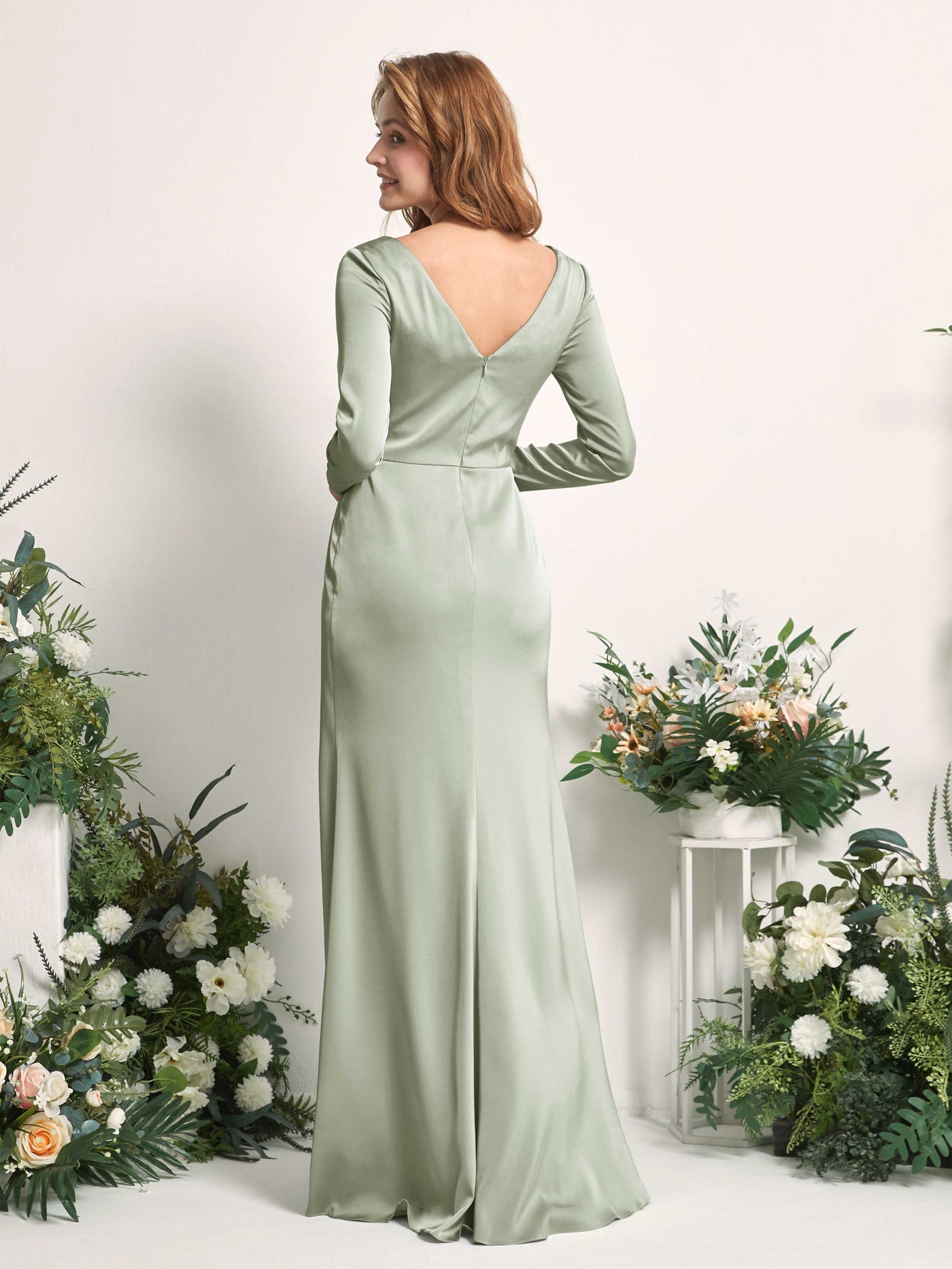 Sage Green Bridesmaid Dresses Bridesmaid Dress A-line Satin V-neck Full Length Long Sleeves Wedding Party Dress (80225812)#color_sage-green