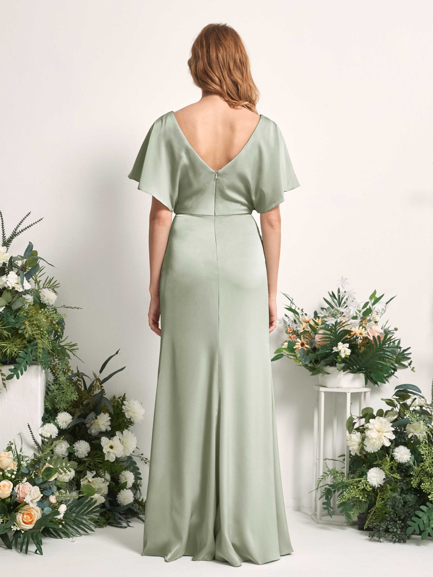 Sage Green Bridesmaid Dresses Bridesmaid Dress A-line Satin V-neck Full Length Short Sleeves Wedding Party Dress (80225512)#color_sage-green