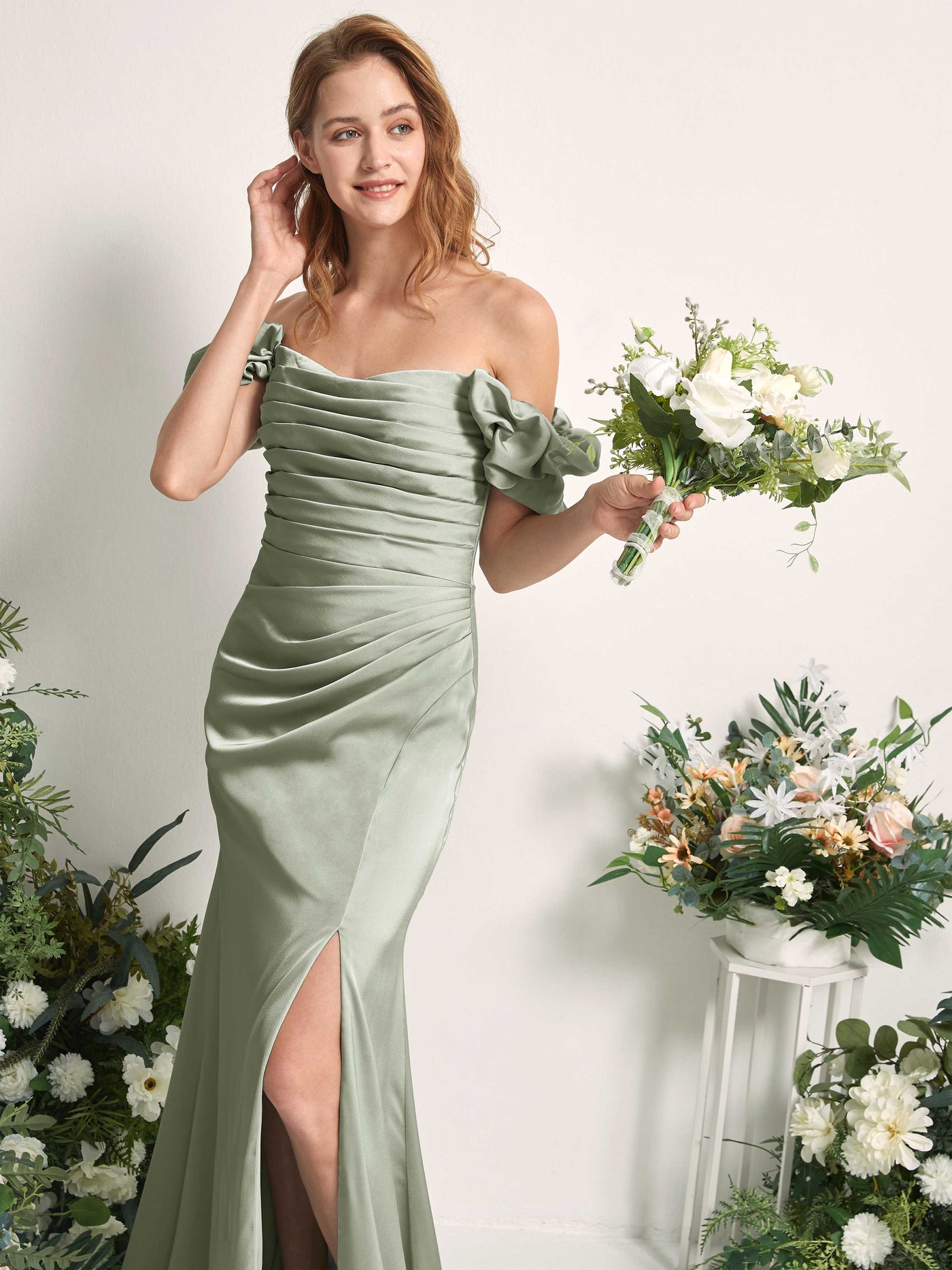 Sage Green Bridesmaid Dresses Bridesmaid Dress A-line Satin Off Shoulder Full Length Short Sleeves Wedding Party Dress (80226412)#color_sage-green