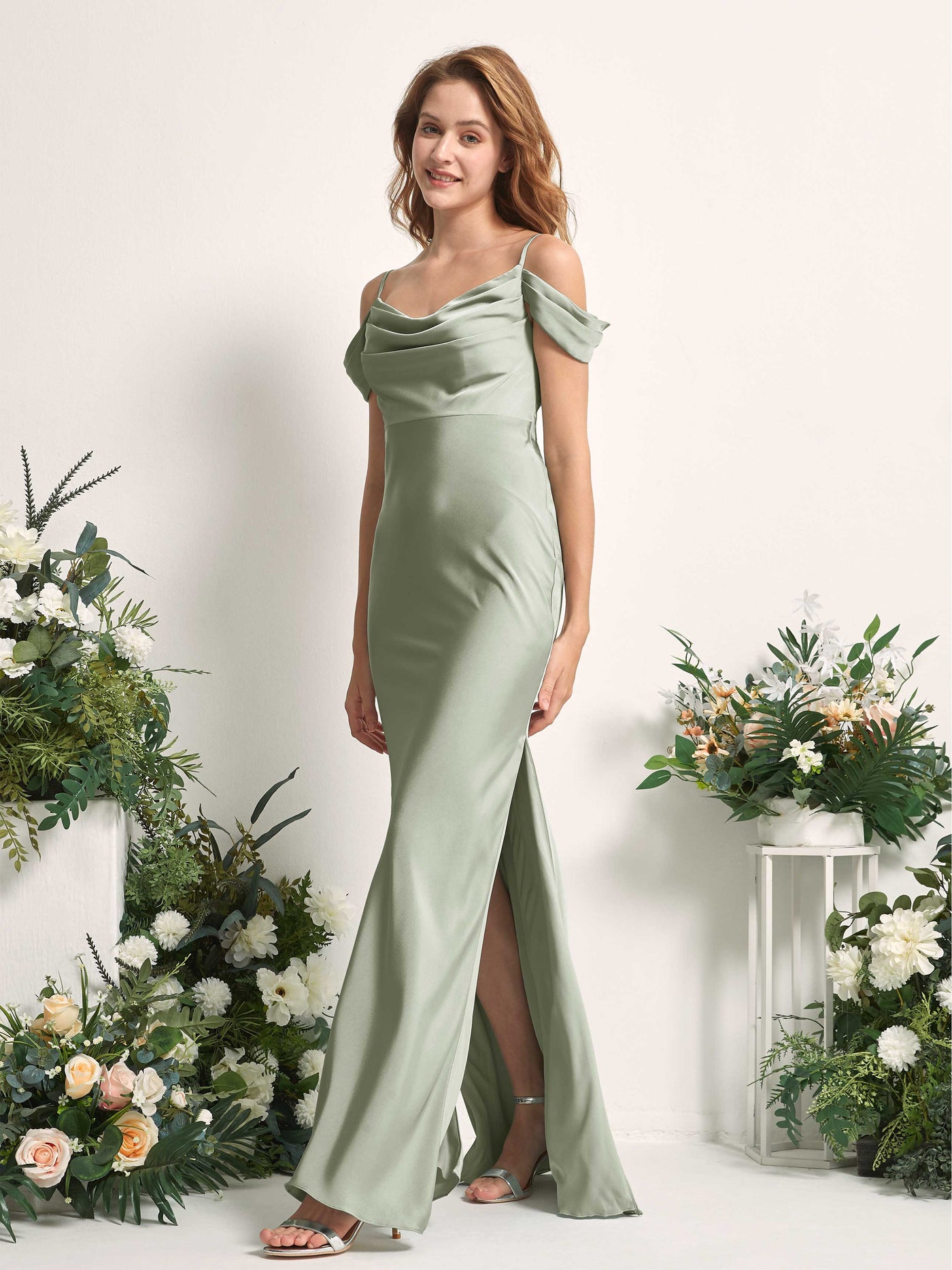Sage Green Bridesmaid Dresses Bridesmaid Dress Mermaid/Trumpet Satin Off Shoulder Full Length Sleeveless Wedding Party Dress (80225312)#color_sage-green