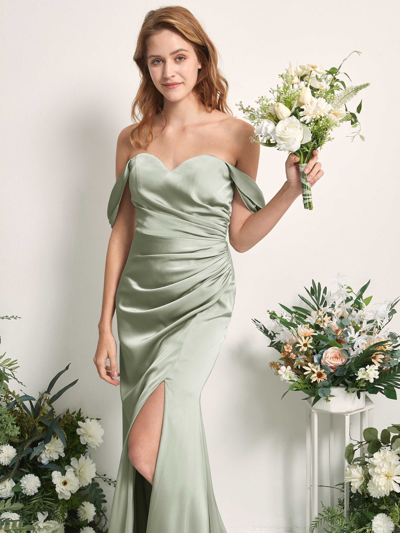 Sage Green Bridesmaid Dresses Bridesmaid Dress A-line Satin Off Shoulder Full Length Sleeveless Wedding Party Dress (80225212)#color_sage-green
