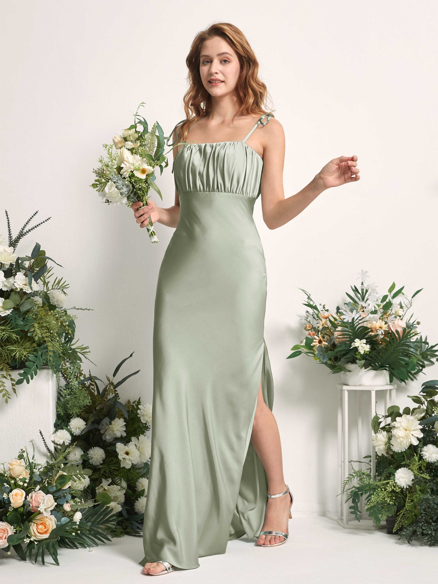 Sage Green Bridesmaid Dresses Bridesmaid Dress Mermaid/Trumpet Satin Spaghetti-straps Full Length Sleeveless Wedding Party Dress (80225412)#color_sage-green