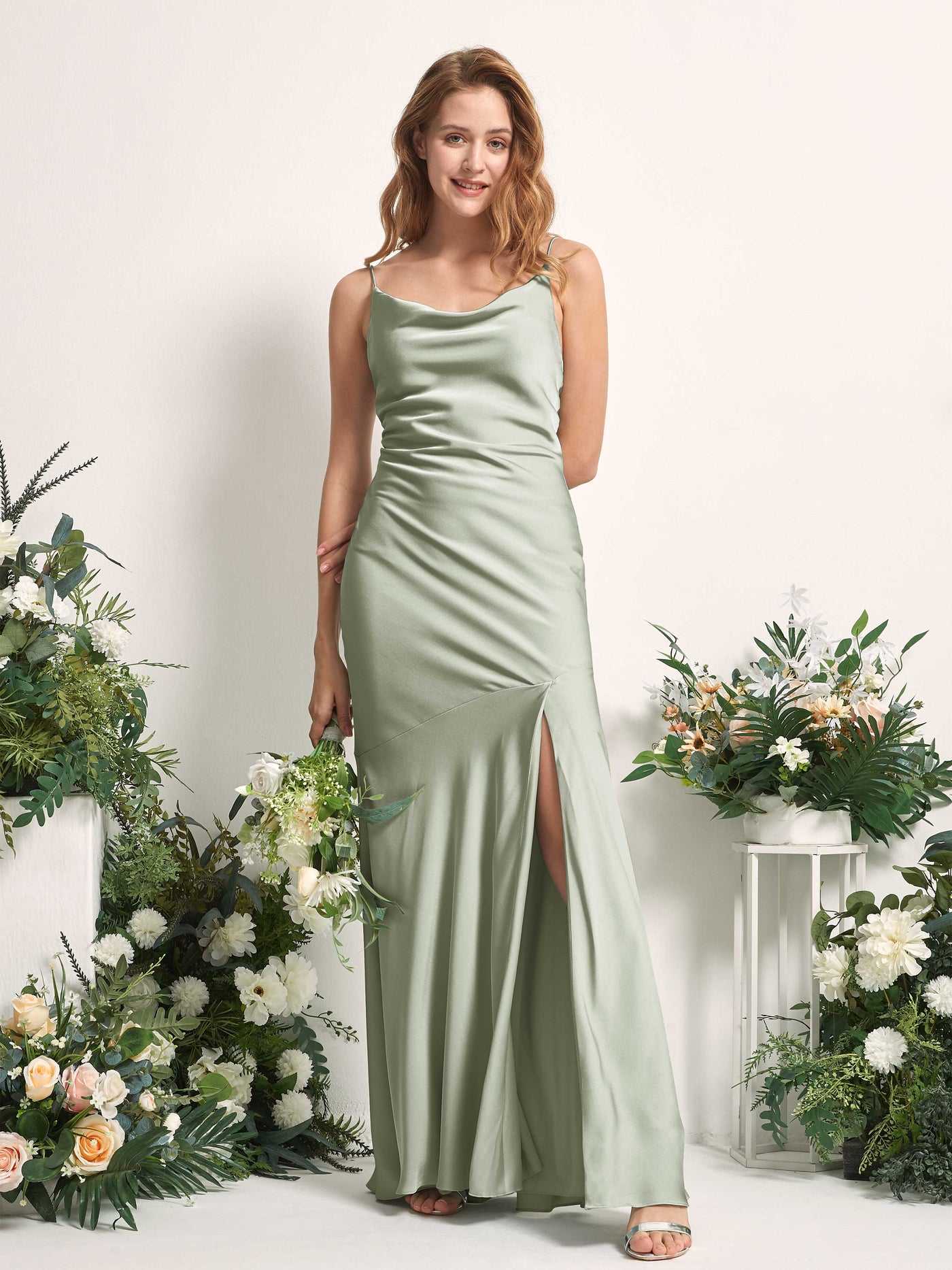 Sage Green Bridesmaid Dresses Bridesmaid Dress Mermaid/Trumpet Satin Spaghetti-straps Full Length Sleeveless Wedding Party Dress (80225612)#color_sage-green