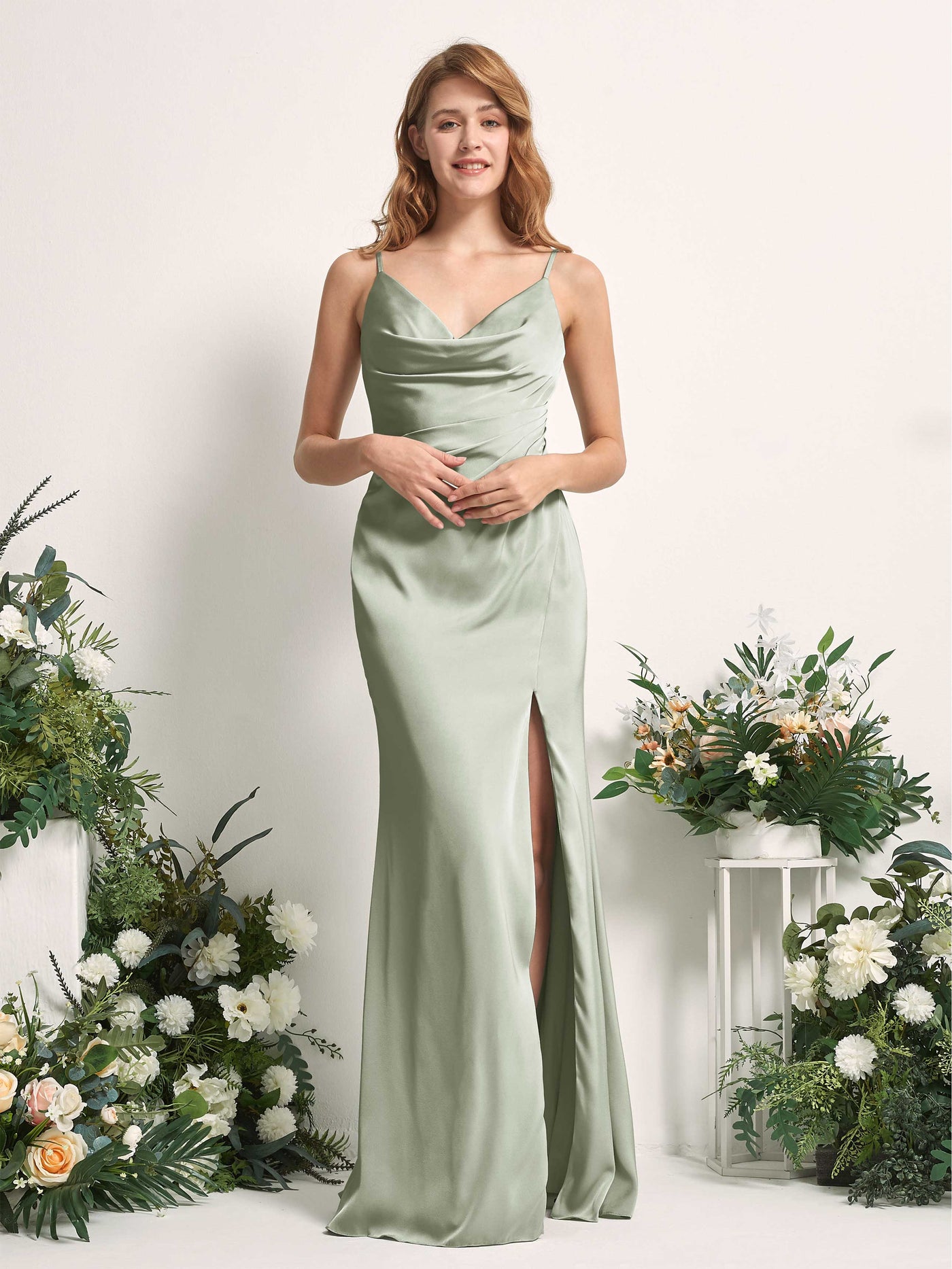 Sage Green Bridesmaid Dresses Bridesmaid Dress Mermaid/Trumpet Satin Spaghetti-straps Full Length Sleeveless Wedding Party Dress (80225912)#color_sage-green