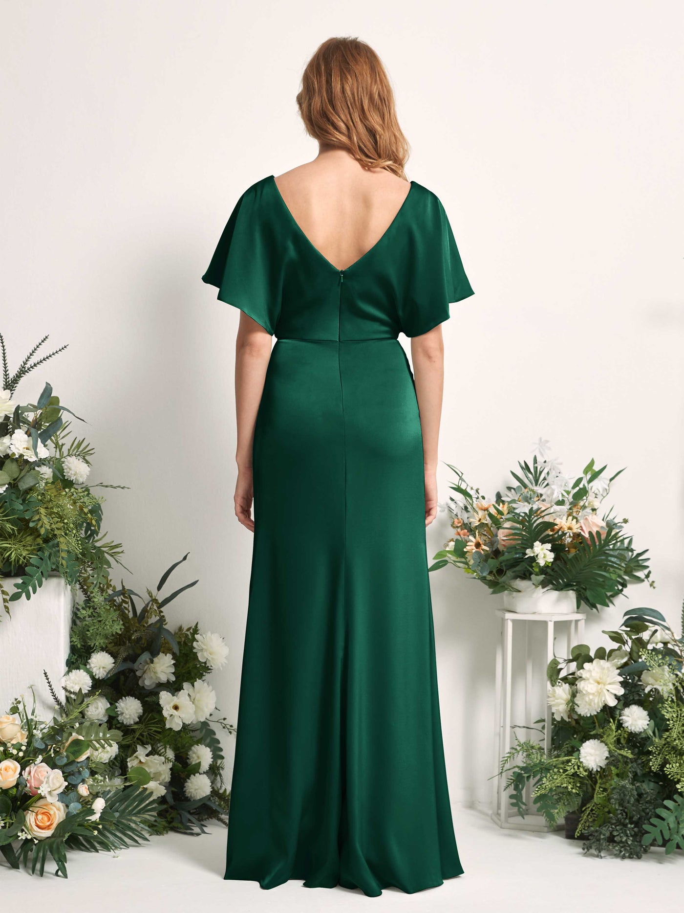Hunter Green Bridesmaid Dresses Bridesmaid Dress A-line Satin V-neck Full Length Short Sleeves Wedding Party Dress (80225529)#color_hunter-green