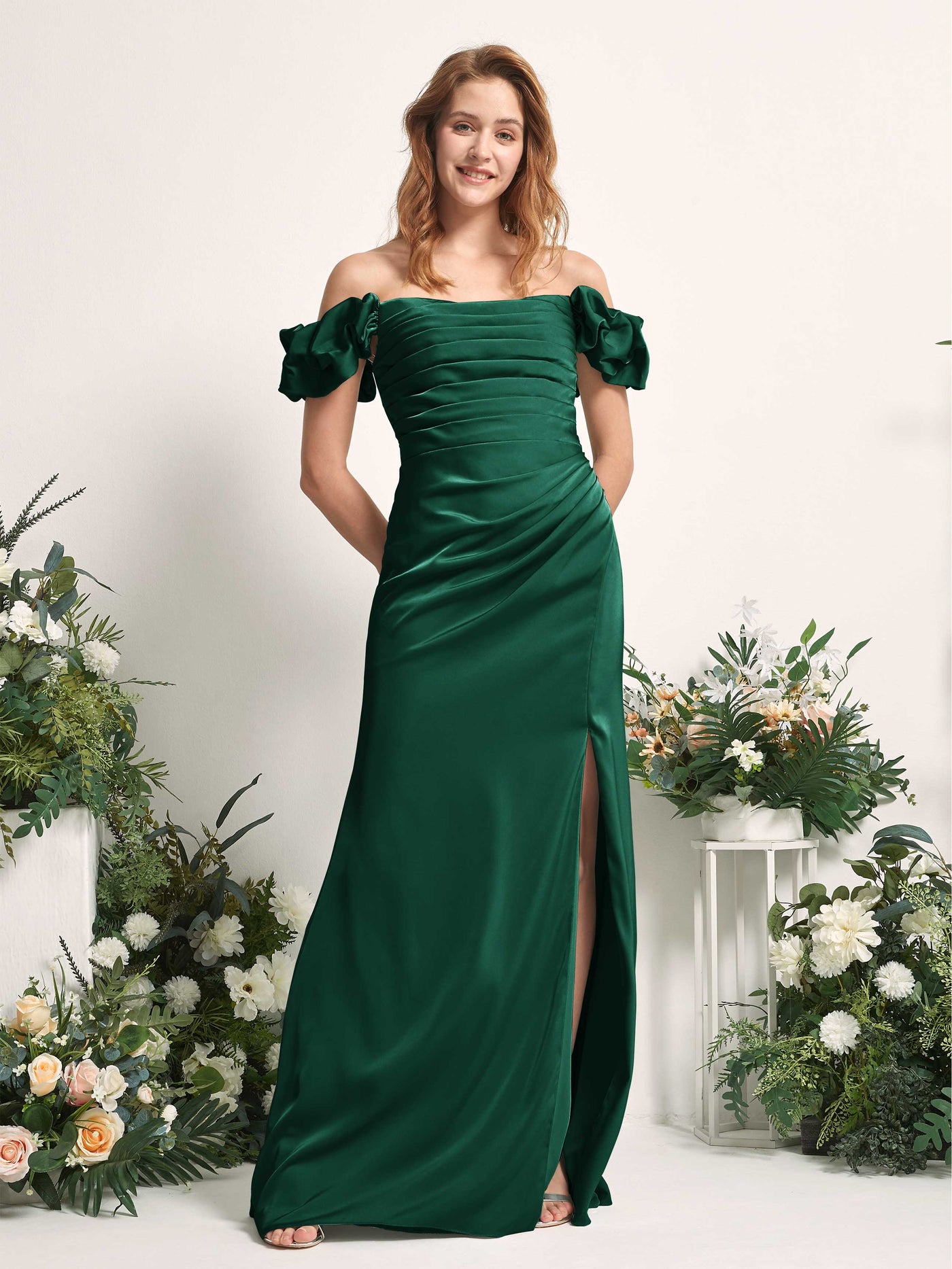 Hunter Green Bridesmaid Dresses Bridesmaid Dress A-line Satin Off Shoulder Full Length Short Sleeves Wedding Party Dress (80226429)#color_hunter-green