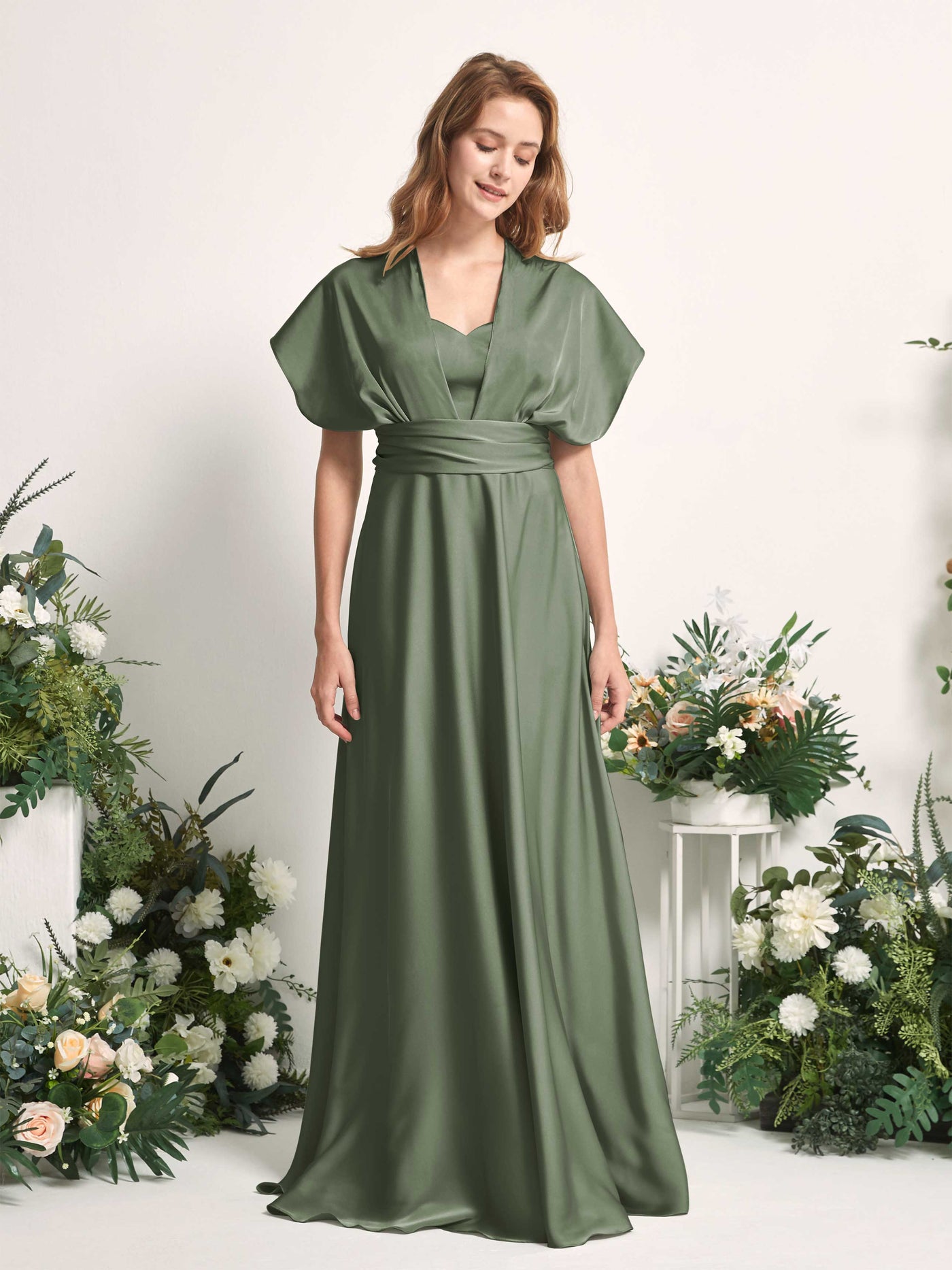 Green Olive Bridesmaid Dresses Bridesmaid Dress A-line Satin Halter Full Length Short Sleeves Wedding Party Dress (81226470)#color_green-olive