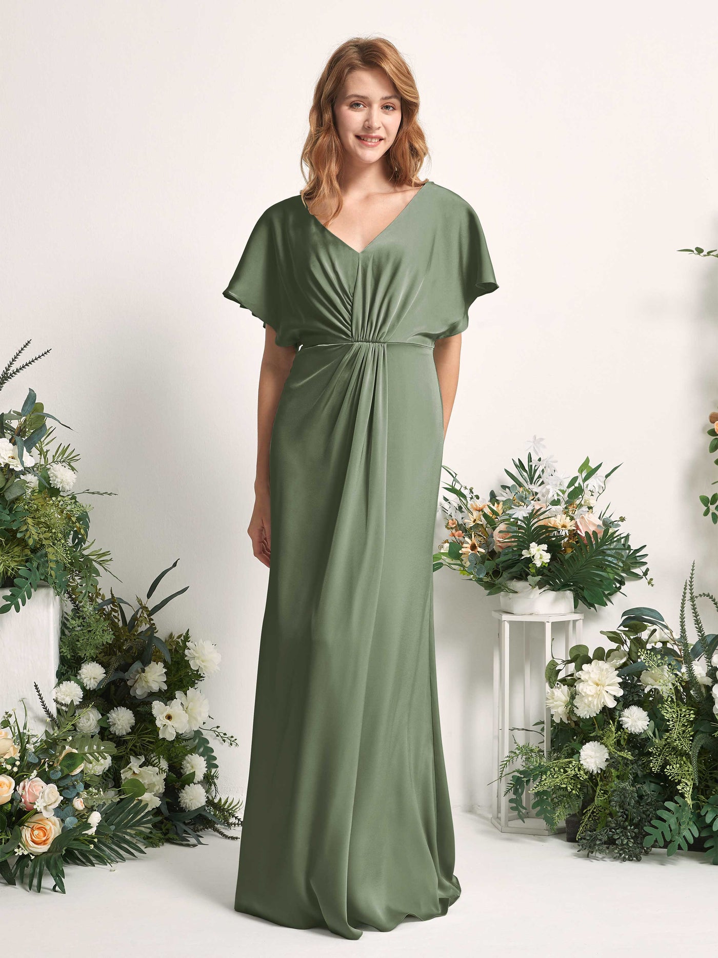 Green Olive Bridesmaid Dresses Bridesmaid Dress A-line Satin V-neck Full Length Short Sleeves Wedding Party Dress (80225570)#color_green-olive