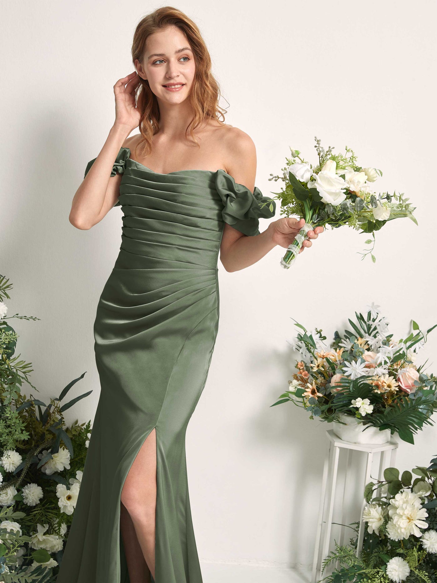 Green Olive Bridesmaid Dresses Bridesmaid Dress A-line Satin Off Shoulder Full Length Short Sleeves Wedding Party Dress (80226470)#color_green-olive