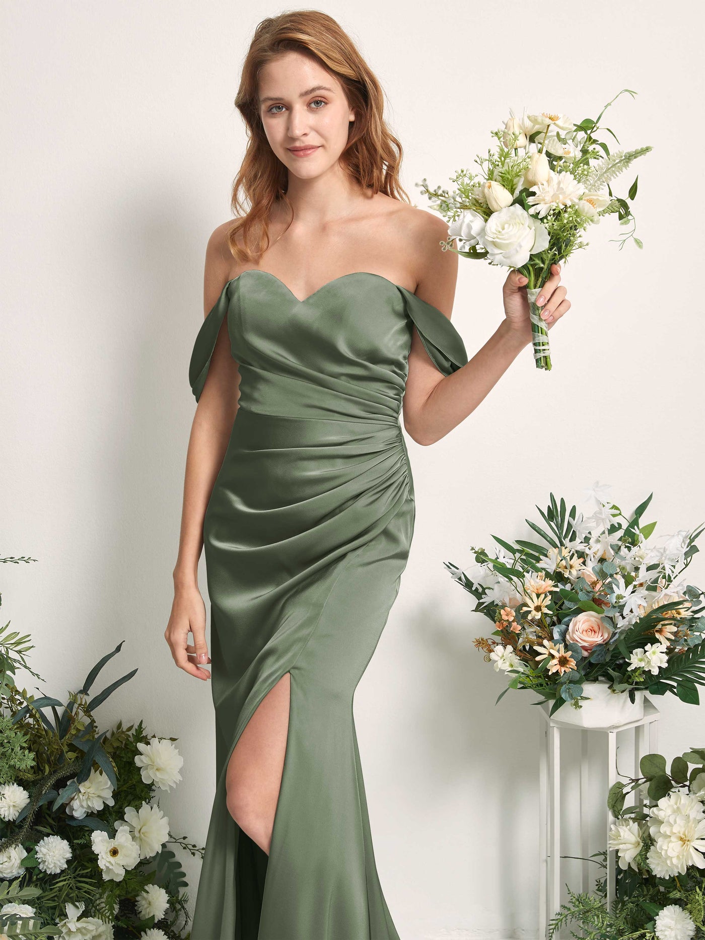 Green Olive Bridesmaid Dresses Bridesmaid Dress A-line Satin Off Shoulder Full Length Sleeveless Wedding Party Dress (80225270)#color_green-olive