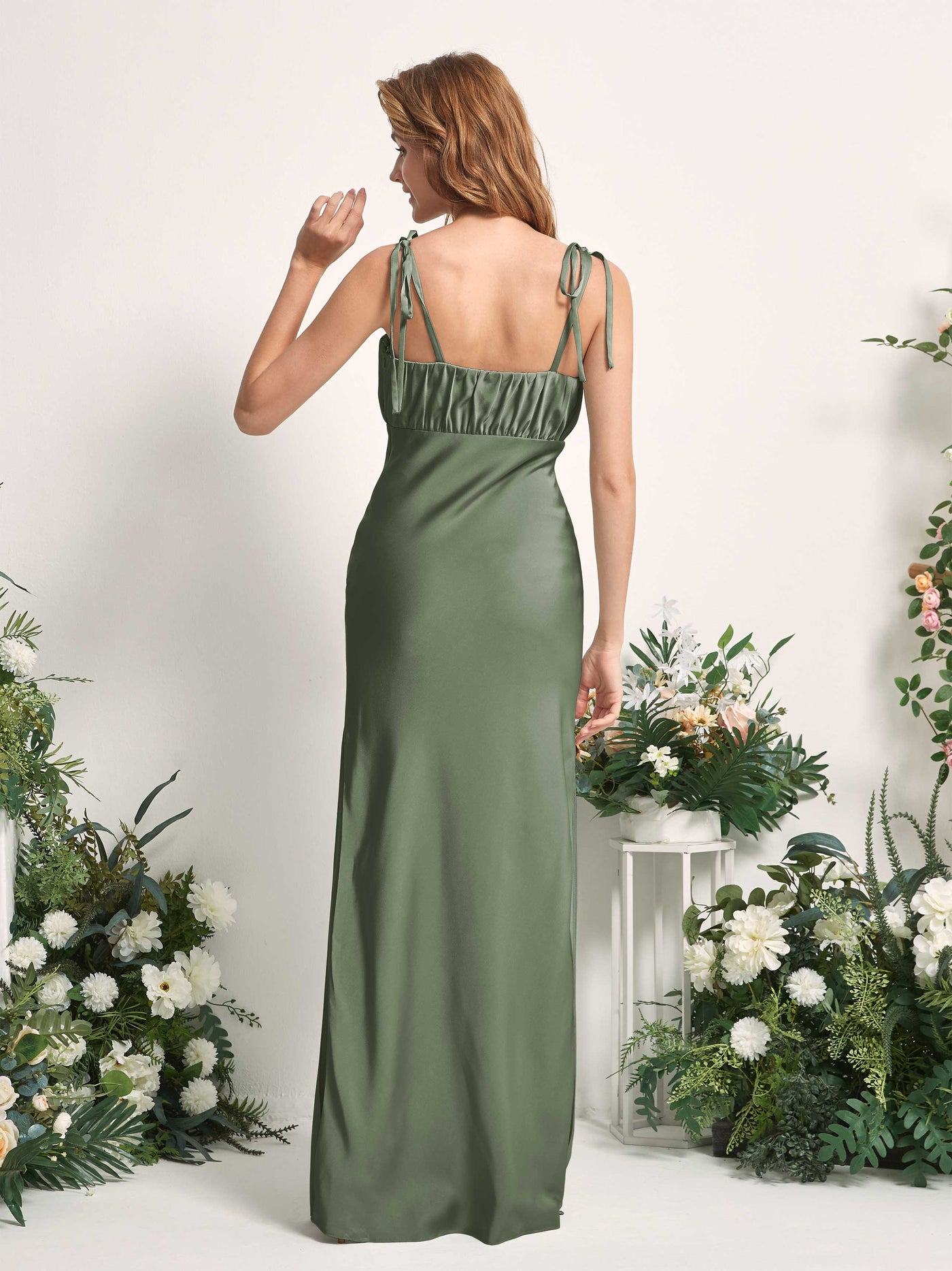 Green Olive Bridesmaid Dresses Bridesmaid Dress Mermaid/Trumpet Satin Spaghetti-straps Full Length Sleeveless Wedding Party Dress (80225470)#color_green-olive