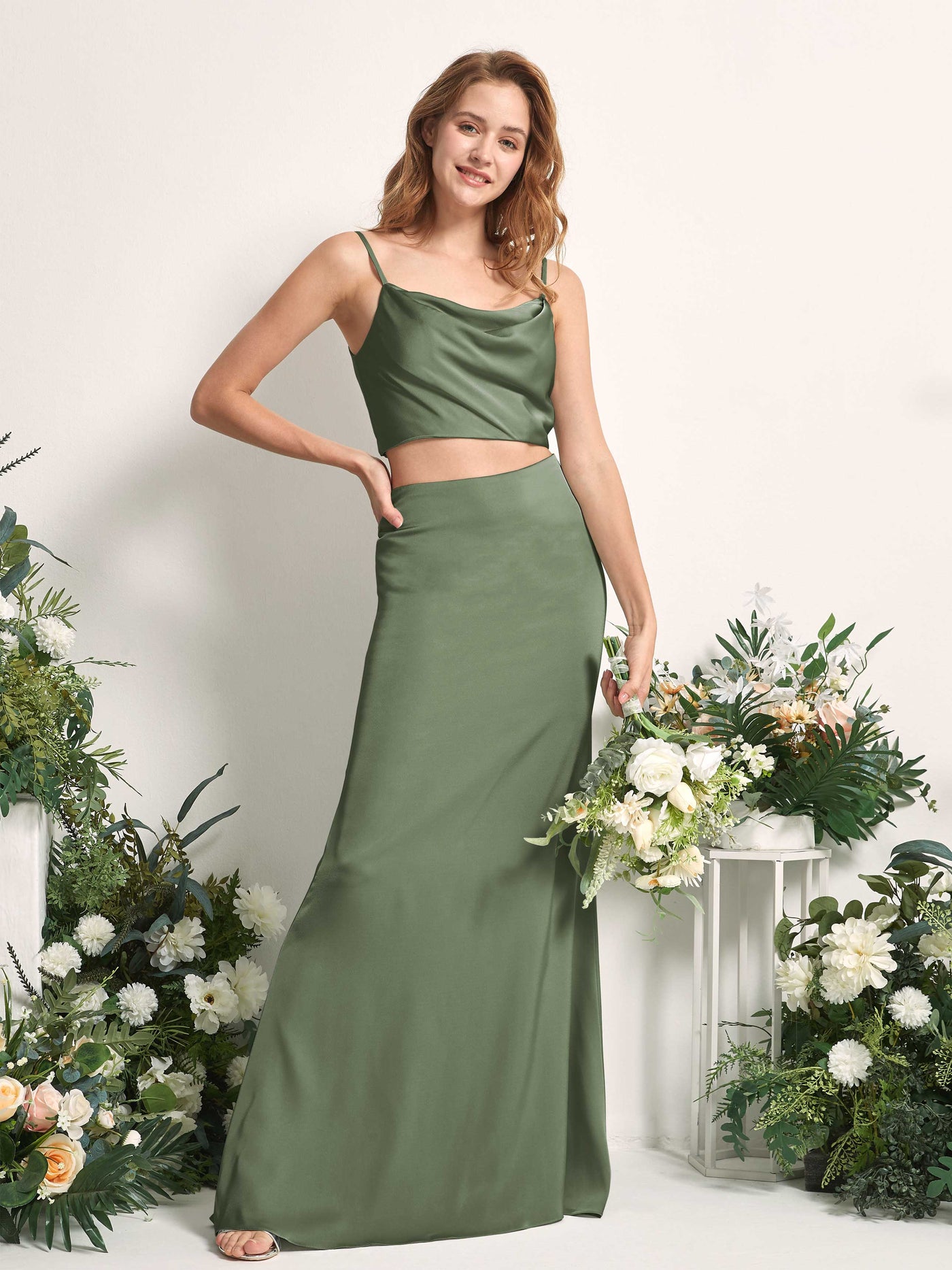 Green Olive Bridesmaid Dresses Bridesmaid Dress Mermaid/Trumpet Satin Spaghetti-straps Full Length Sleeveless Wedding Party Dress (80226270)#color_green-olive