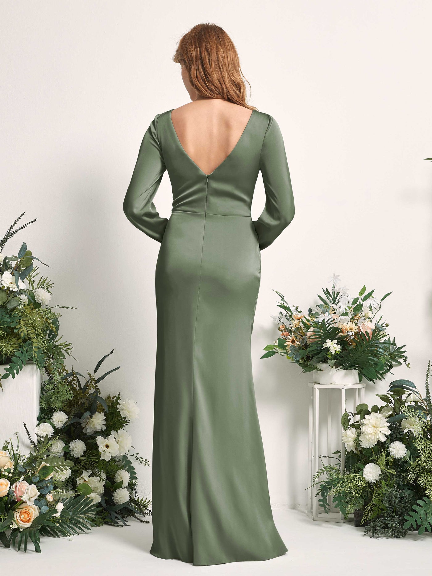 Green Olive Bridesmaid Dresses Bridesmaid Dress Ball Gown Satin V-neck Full Length Long Sleeves Wedding Party Dress (80225170)#color_green-olive