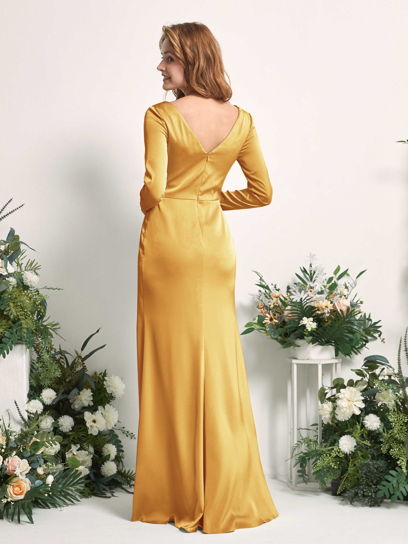 Canary Bridesmaid Dresses Bridesmaid Dress A-line Satin V-neck Full Length Long Sleeves Wedding Party Dress (80225831)#color_canary