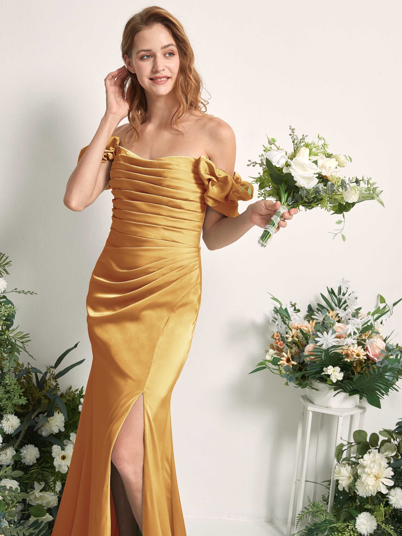 Canary Bridesmaid Dresses Bridesmaid Dress A-line Satin Off Shoulder Full Length Short Sleeves Wedding Party Dress (80226431)#color_canary