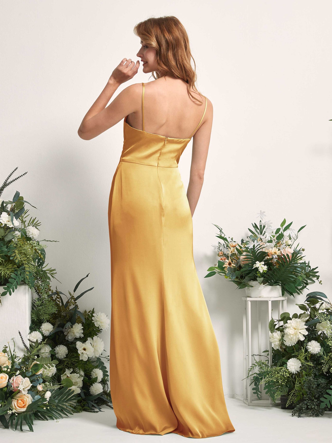 Canary Bridesmaid Dresses Bridesmaid Dress Mermaid/Trumpet Satin Spaghetti-straps Full Length Sleeveless Wedding Party Dress (80225931)#color_canary