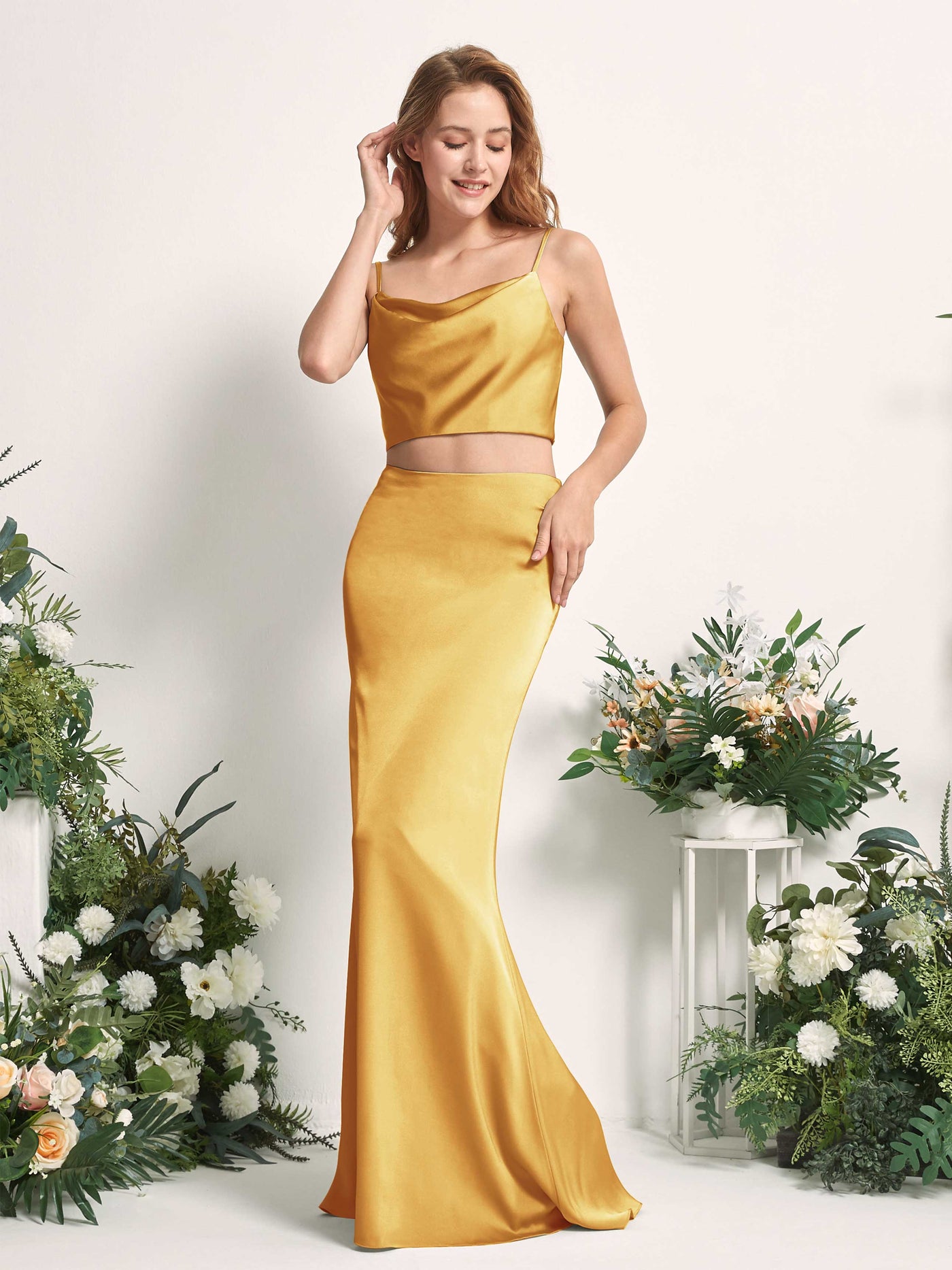 Canary Bridesmaid Dresses Bridesmaid Dress Mermaid/Trumpet Satin Spaghetti-straps Full Length Sleeveless Wedding Party Dress (80226231)#color_canary