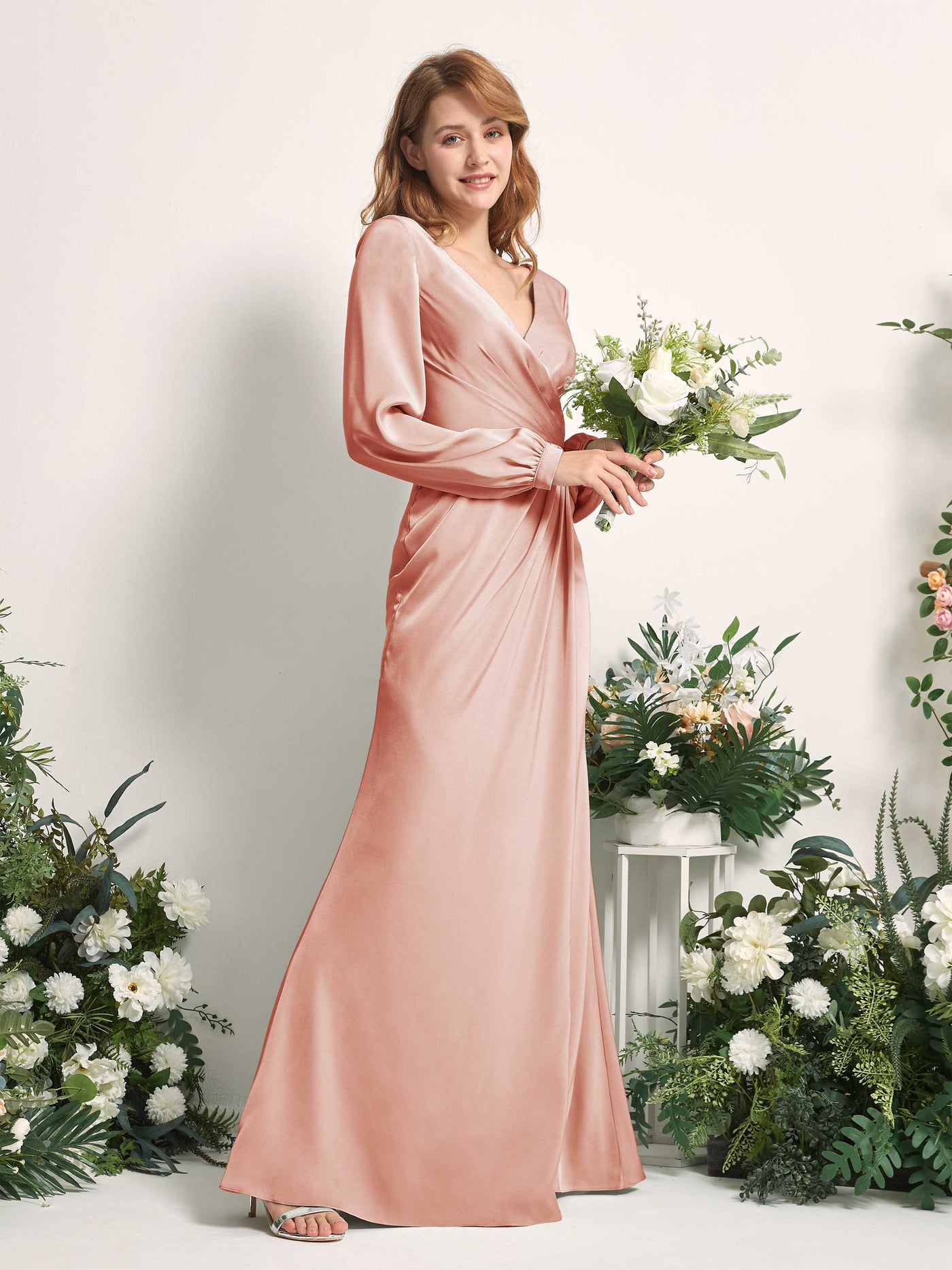 Cantaloupe Bridesmaid Dresses Bridesmaid Dress Ball Gown Satin V-neck Full Length Long Sleeves Wedding Party Dress (80225132)#color_cantaloupe
