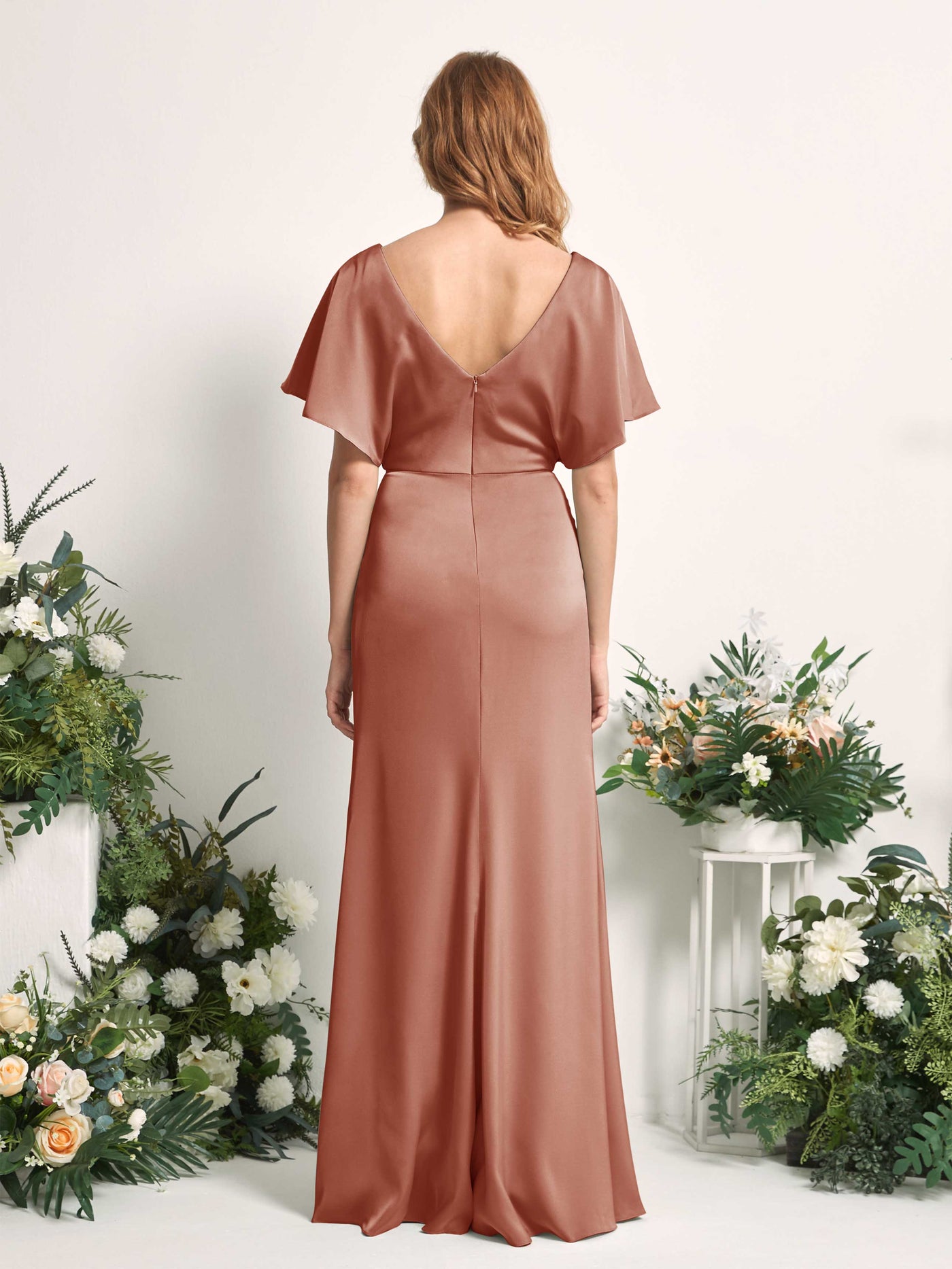 Raw Sienna Bridesmaid Dresses Bridesmaid Dress A-line Satin V-neck Full Length Short Sleeves Wedding Party Dress (80225515)#color_raw-sienna