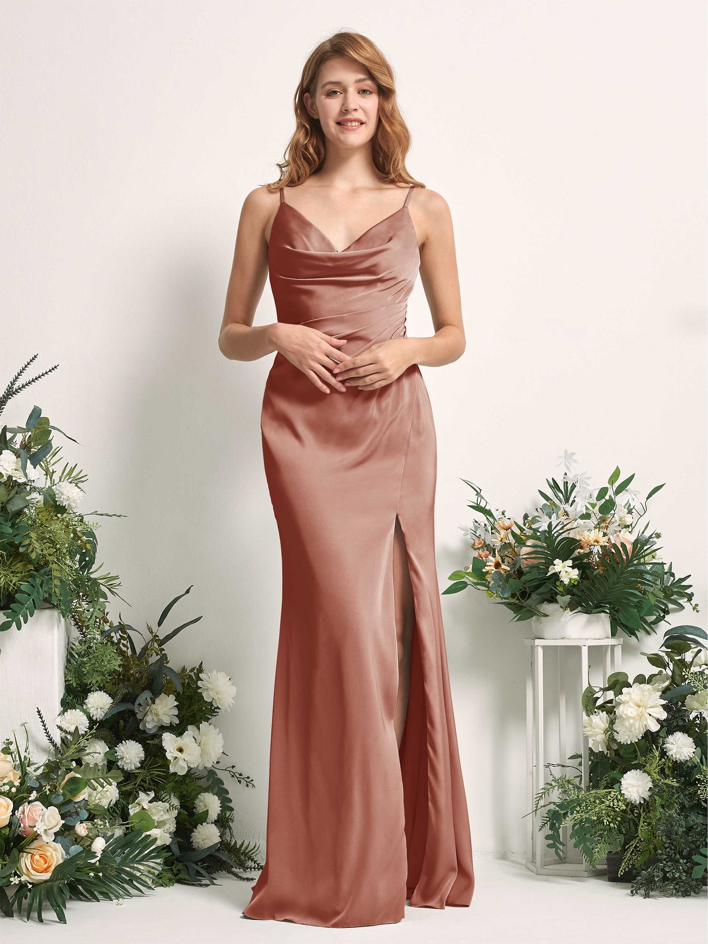 Raw Sienna Bridesmaid Dresses Bridesmaid Dress Mermaid/Trumpet Satin Spaghetti-straps Full Length Sleeveless Wedding Party Dress (80225915)#color_raw-sienna