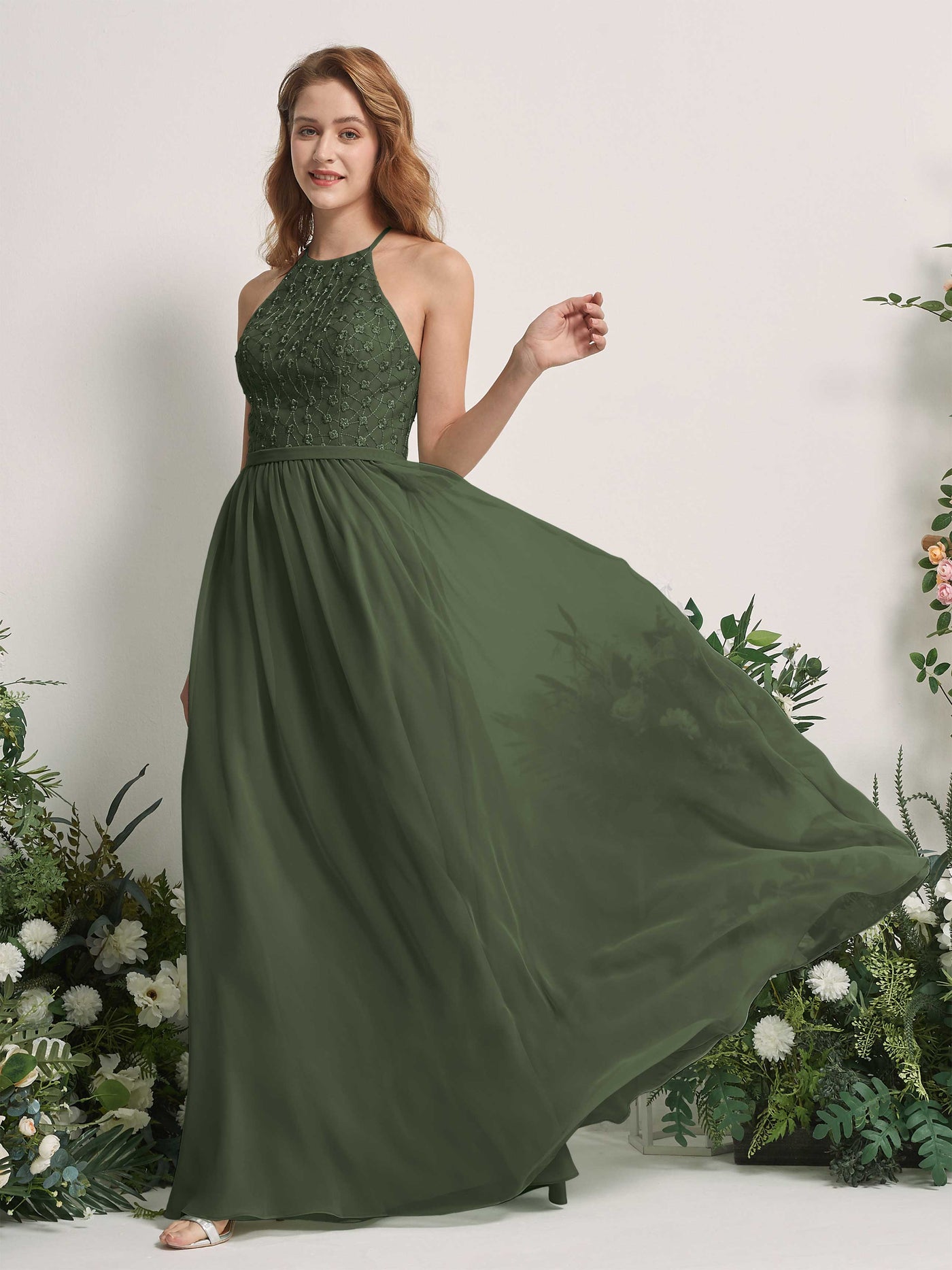 Martini Olive Bridesmaid Dresses A-line Halter Sleeveless Chiffon Dresses (83220807)#color_martini-olive