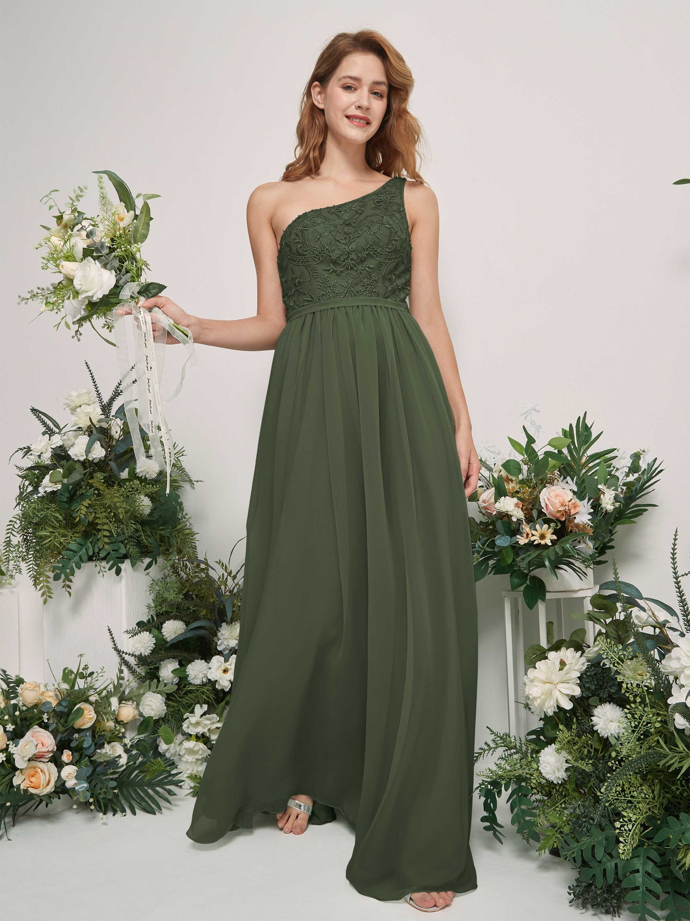 Martini Olive Bridesmaid Dresses A-line Open back One Shoulder Sleeveless Dresses (83220507)#color_martini-olive