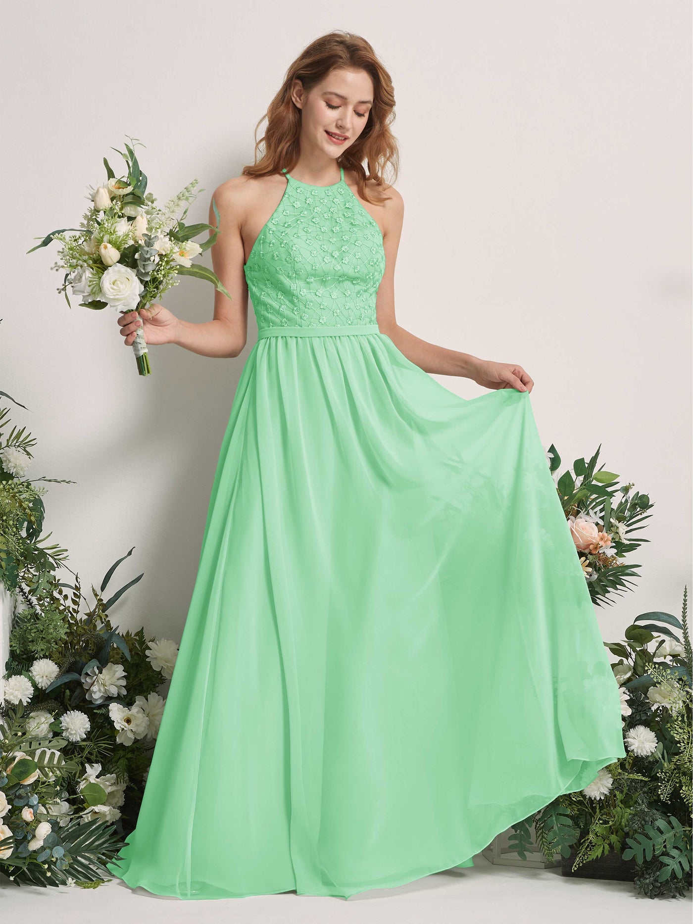 Mint Green Bridesmaid Dresses A-line Halter Sleeveless Chiffon Dresses (83220822)#color_mint-green