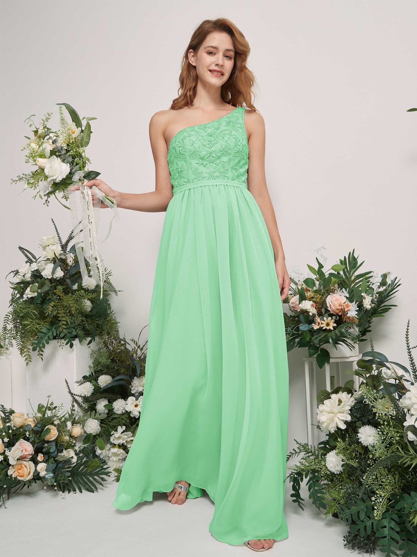Mint Green Bridesmaid Dresses A-line Open back One Shoulder Sleeveless Dresses (83220522)#color_mint-green