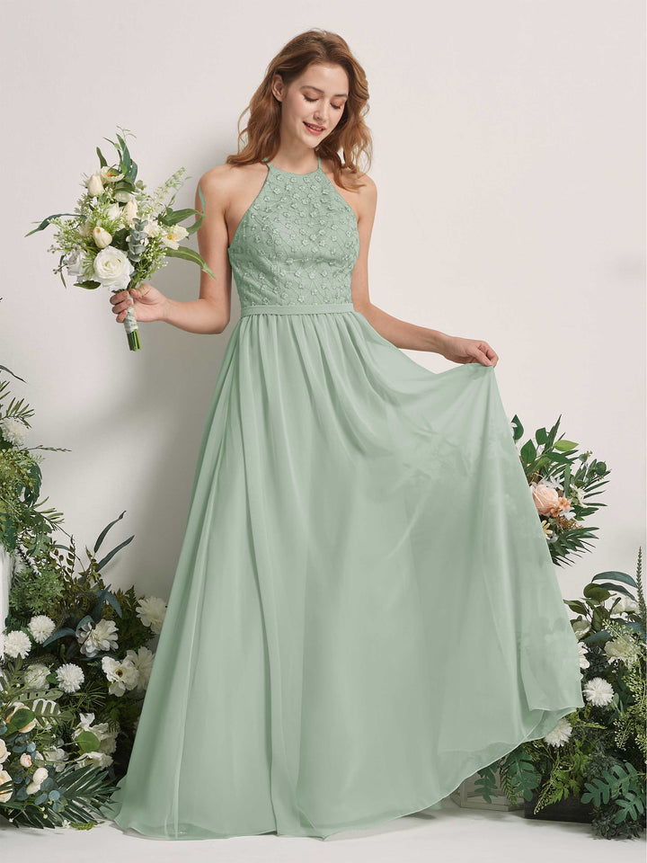 Sage Green Bridesmaid Dresses A-line Halter Sleeveless Chiffon Dresses (83220805)
