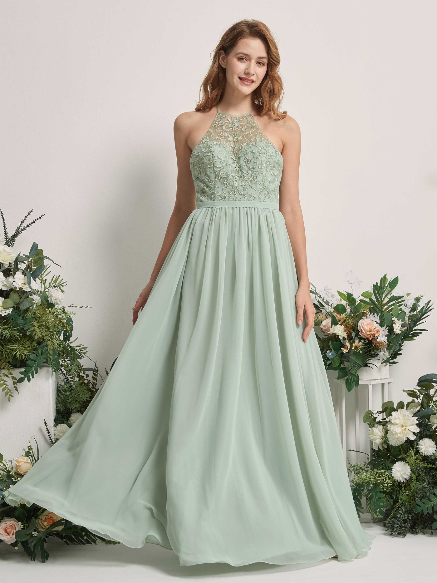 Sage Green Bridesmaid Dresses A-line Open back Halter Sleeveless Chiffon Dresses (83221005)#color_sage-green