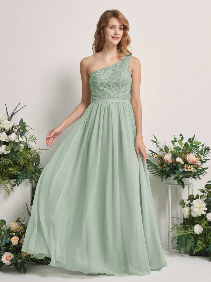 Sage Green Bridesmaid Dresses A-line Open back One Shoulder Sleeveless Dresses (83220505)