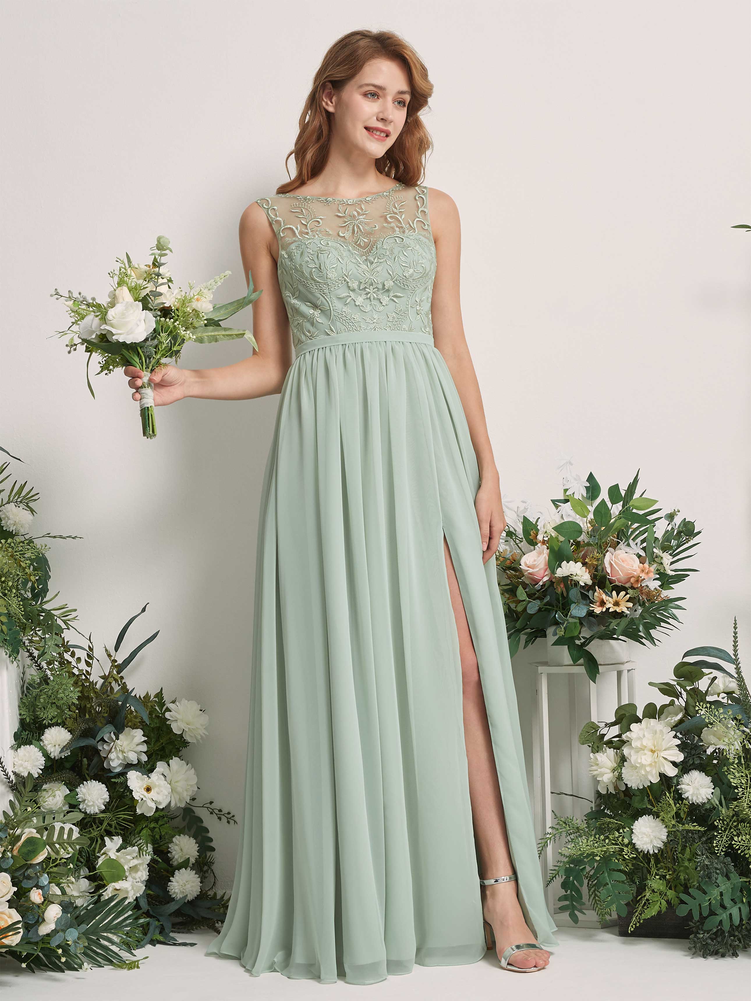 Sage Green Long Lace Sleeved Bridesmaid Dress Belle Emerald Green