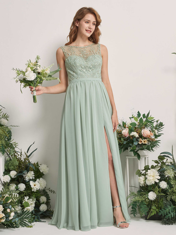 Sage Green Bridesmaid Dresses A-line Sexy Slit Scoop Sleeveless Chiffon Dresses (83220605)