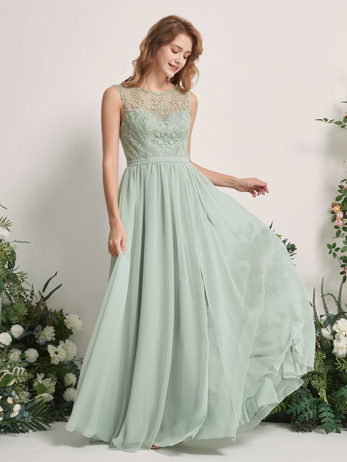 Sage Green Bridesmaid Dresses A-line Sexy Slit Scoop Sleeveless Chiffon Dresses (83220605)#color_sage-green