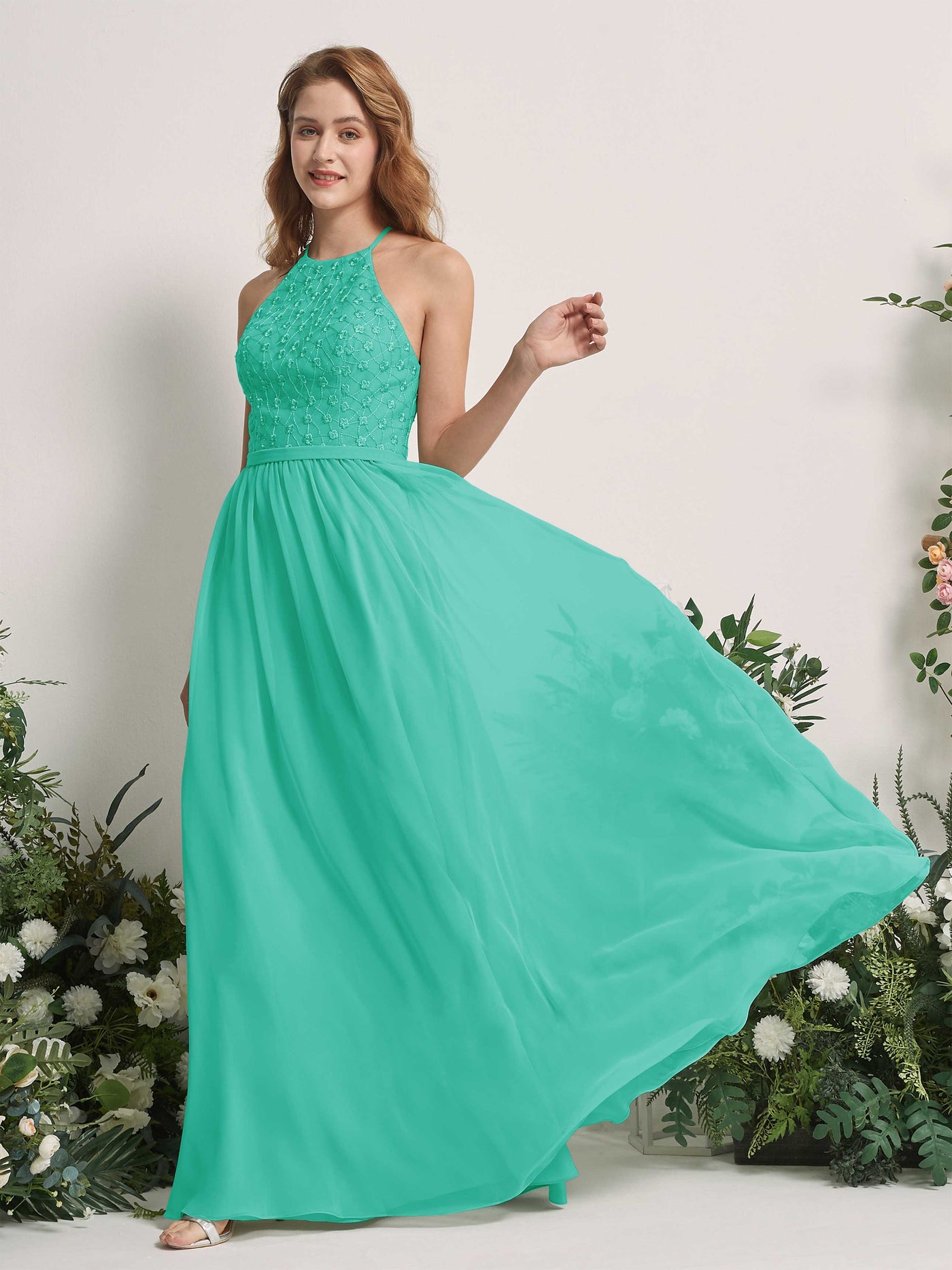 Tiffany Bridesmaid Dresses A-line Halter Sleeveless Chiffon Dresses (83220832)#color_tiffany