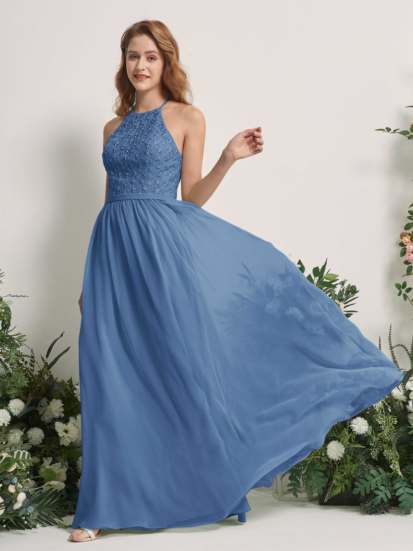 Dusty Blue Bridesmaid Dresses A-line Halter Sleeveless Chiffon Dresses (83220810)#color_dusty-blue