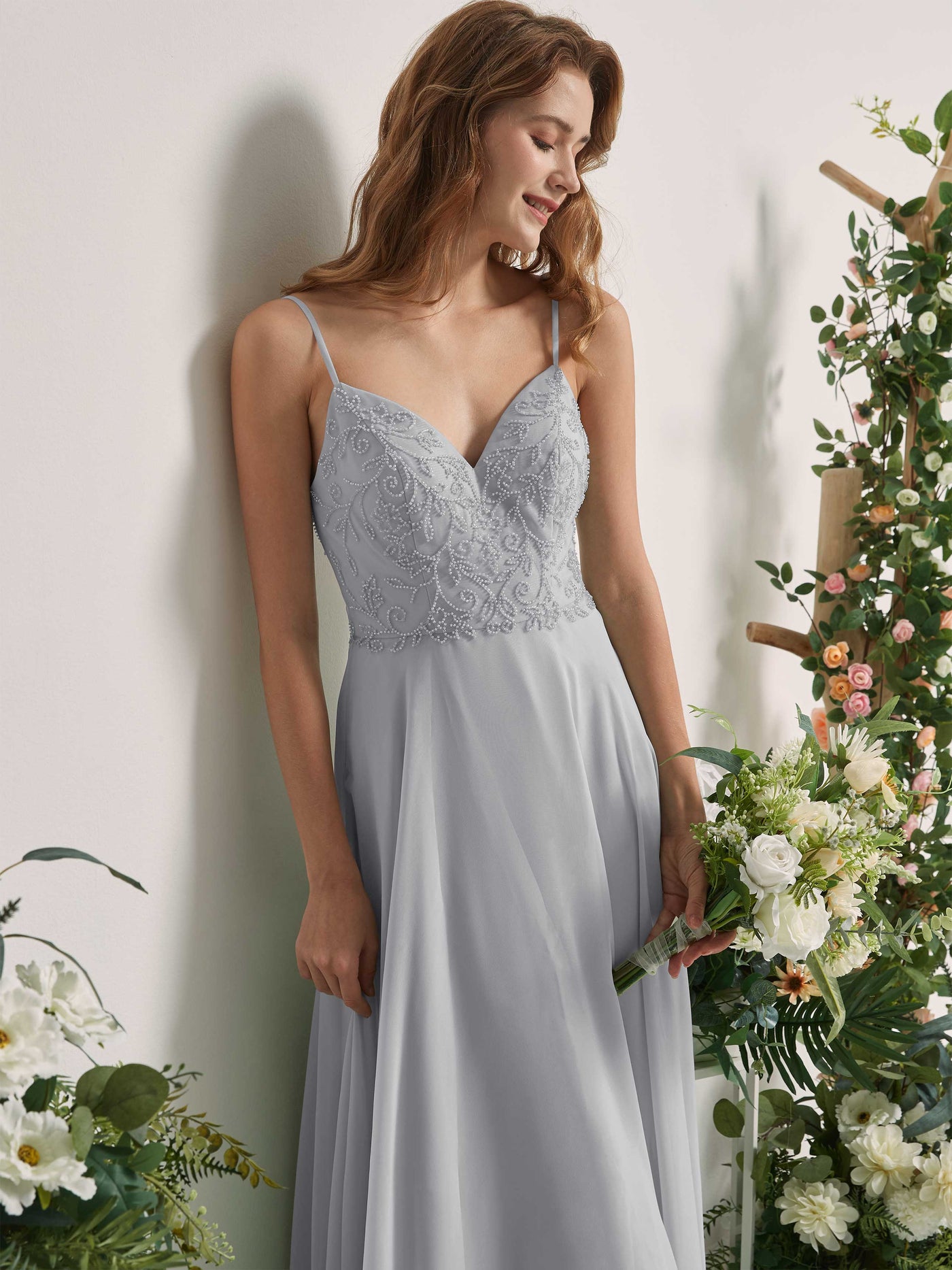 Silver Bridesmaid Dresses A-line Open back Spaghetti-straps Sleeveless Dresses (83221127)#color_silver