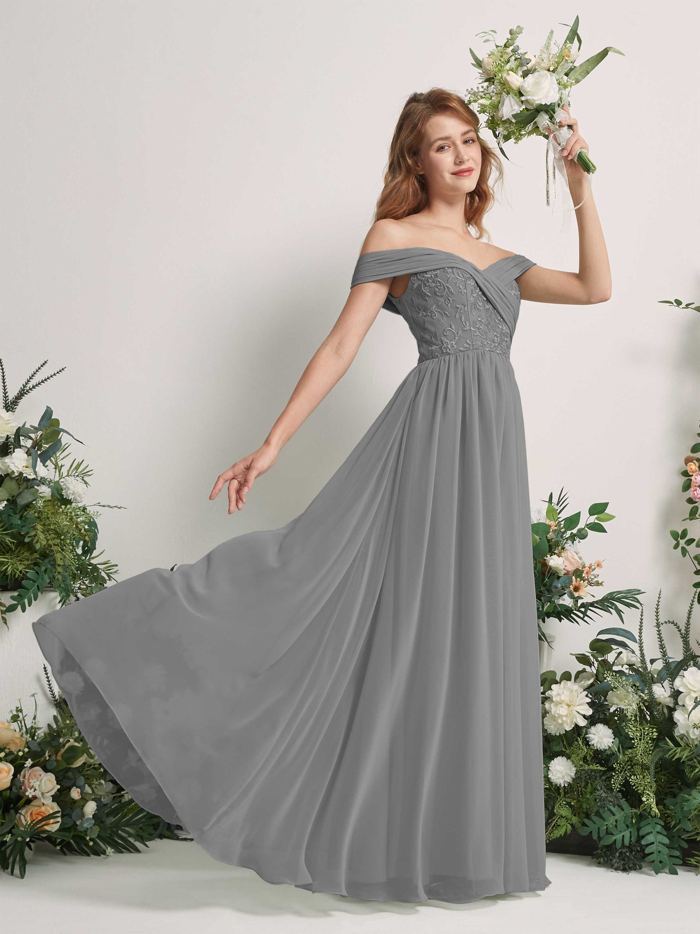 Steel Gray Bridesmaid Dresses Ball Gown Off Shoulder Sleeveless Chiffon Dresses (83220420)#color_steel-gray