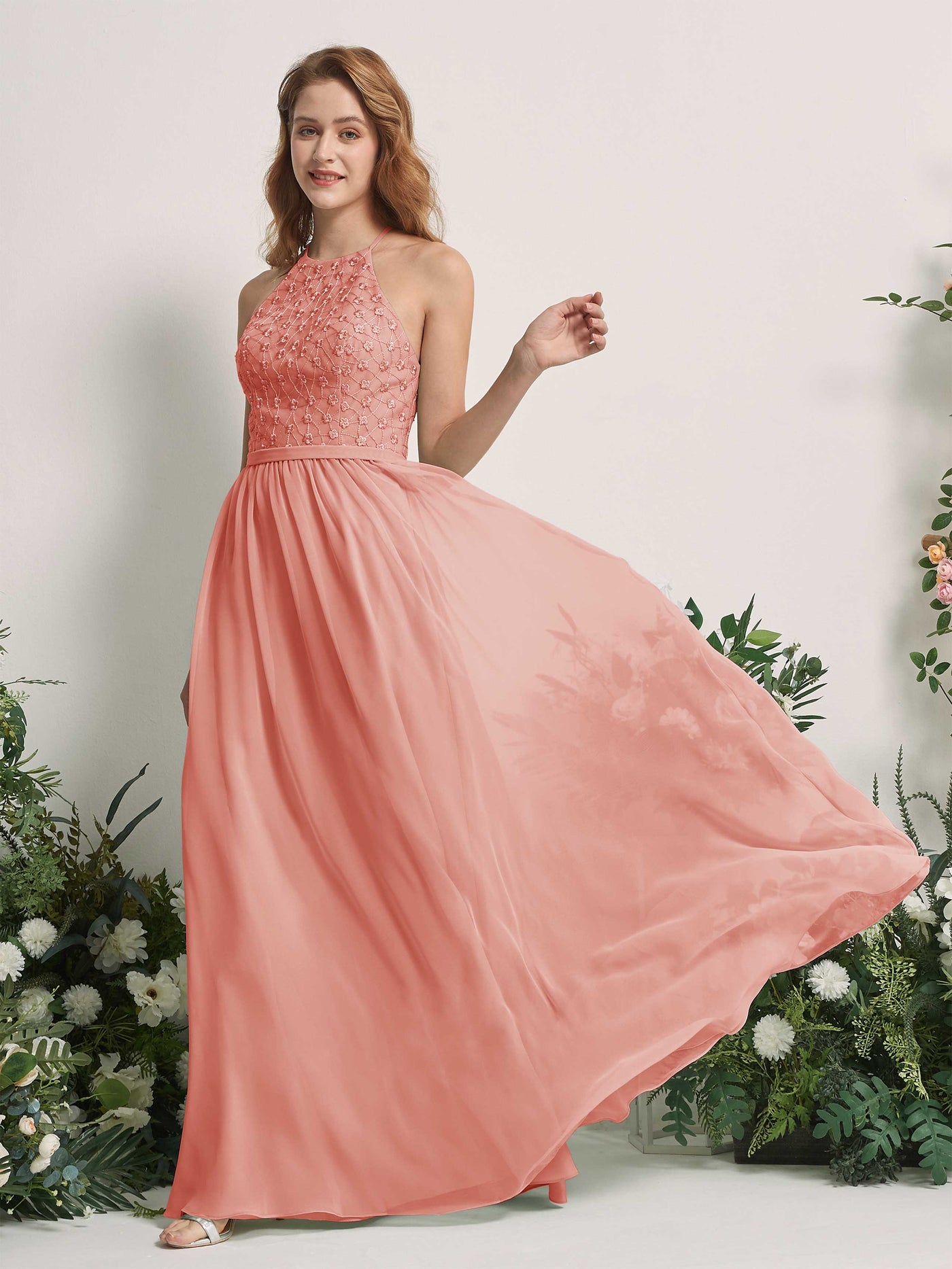 Champagne Rose Bridesmaid Dresses A-line Halter Sleeveless Chiffon Dresses (83220806)#color_champagne-rose