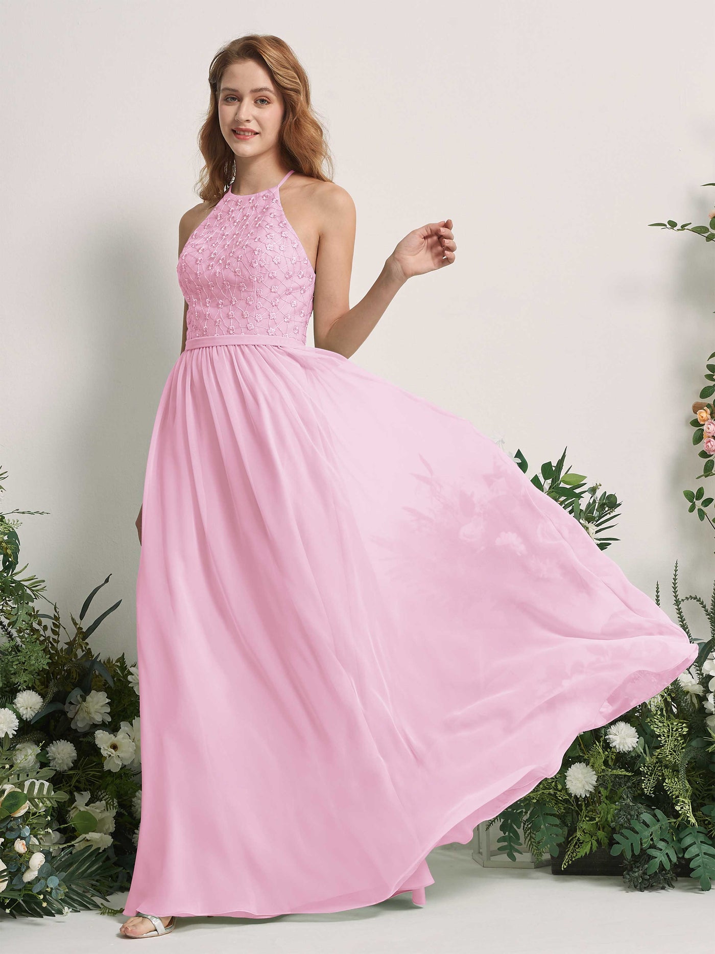 Candy Pink Bridesmaid Dresses A-line Halter Sleeveless Chiffon Dresses (83220839)#color_candy-pink
