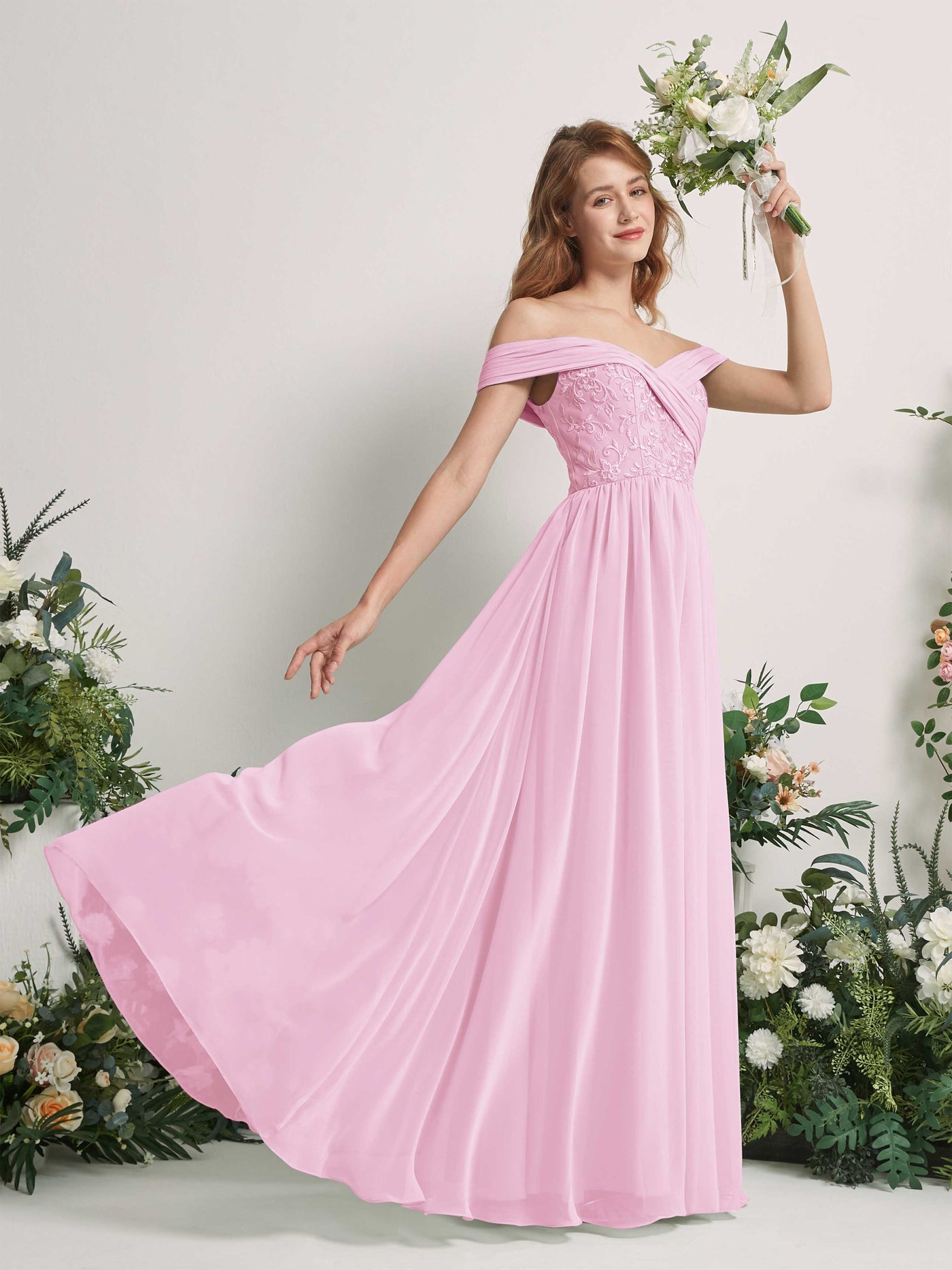Candy Pink Bridesmaid Dresses Ball Gown Off Shoulder Sleeveless Chiffon Dresses (83220439)#color_candy-pink